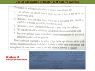 Use of adsorption indicator or K Fajan’s method
Structures of
adsorption indicators
 