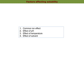 Factors affecting solubility
1. Common ion effect
2. Effect of pH
3. Effect of temperature
4. Effect of solvent
 