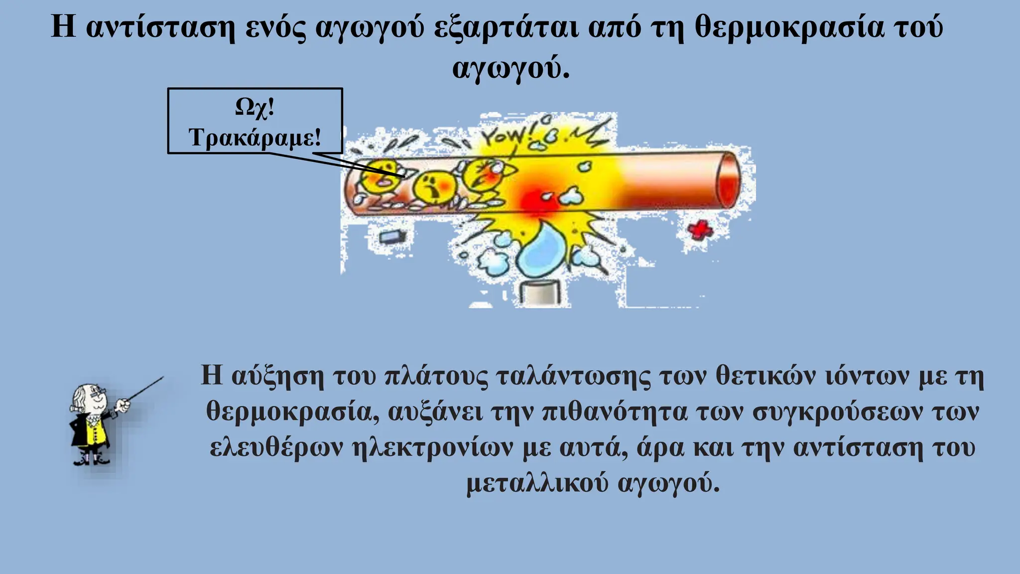 Η αντίσταση ενός αγωγού εξαρτάται από τη θερμοκρασία τού
αγωγού.
Ωχ!
Τρακάραμε!
Η αύξηση του πλάτους ταλάντωσης των θετικών ιόντων με τη
θερμοκρασία, αυξάνει την πιθανότητα των συγκρούσεων των
ελευθέρων ηλεκτρονίων με αυτά, άρα και την αντίσταση του
μεταλλικού αγωγού.
 