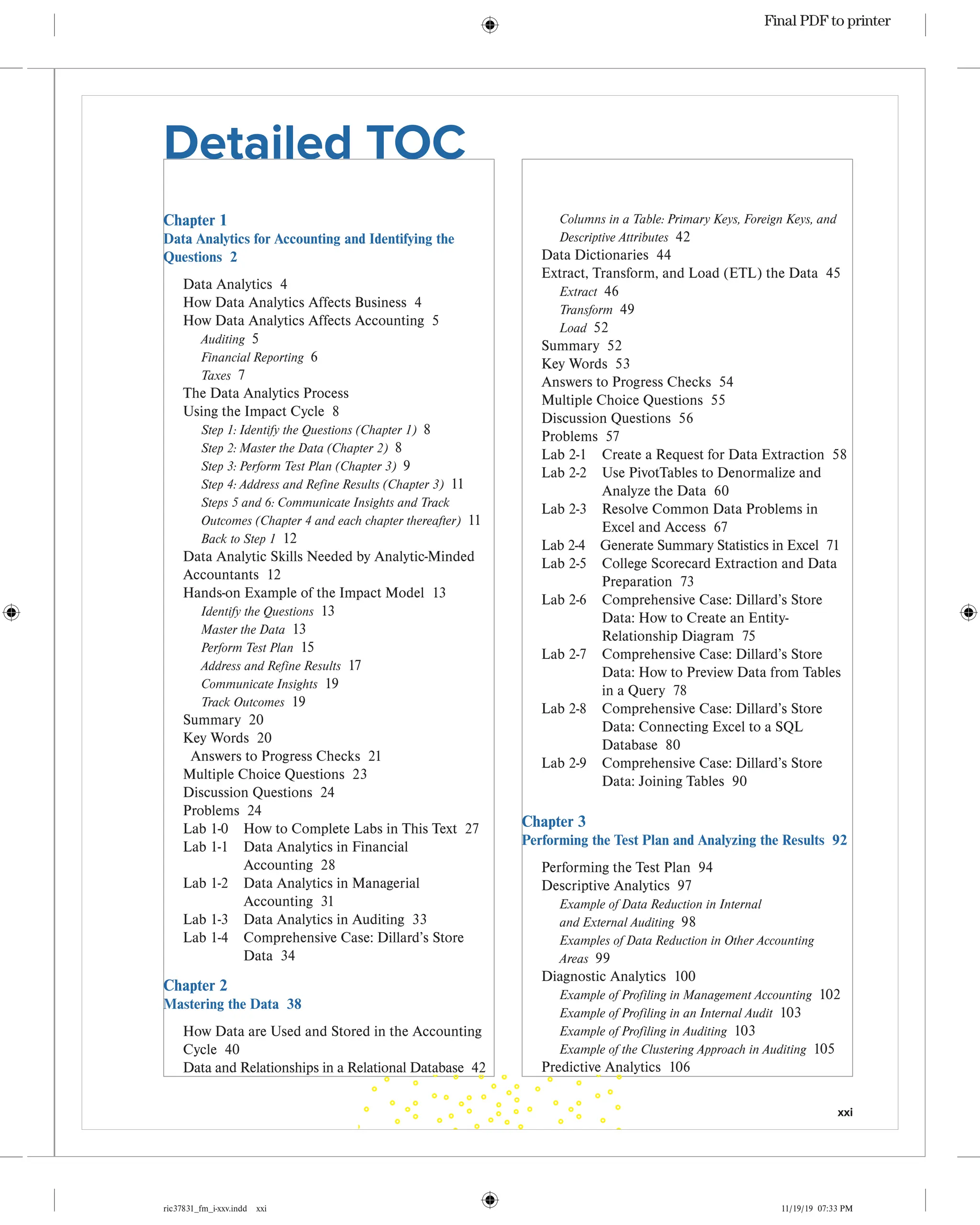 xxi
ric37831_fm_i-xxv.indd xxi 11/19/19 07:33 PM
Chapter 1
Data Analytics for Accounting and Identifying the
Questions 2
Data Analytics 4
How Data Analytics Affects Business 4
How Data Analytics Affects Accounting 5
Auditing 5
Financial Reporting 6
Taxes 7
The Data Analytics Process
Using the Impact Cycle 8
Step 1: Identify the Questions (Chapter 1) 8
Step 2: Master the Data (Chapter 2) 8
Step 3: Perform Test Plan (Chapter 3) 9
Step 4: Address and Refine Results (Chapter 3) 11
Steps 5 and 6: Communicate Insights and Track
Outcomes (Chapter 4 and each chapter thereafter) 11
Back to Step 1 12
Data Analytic Skills Needed by Analytic-Minded
Accountants 12
Hands-on Example of the Impact Model 13
Identify the Questions 13
Master the Data 13
Perform Test Plan 15
Address and Refine Results 17
Communicate Insights 19
Track Outcomes 19
Summary 20
Key Words 20
Answers to Progress Checks 21
Multiple Choice Questions 23
Discussion Questions 24
Problems 24
Lab 1-0 How to Complete Labs in This Text 27
Lab 1-1 
Data Analytics in Financial
Accounting 28
Lab 1-2 
Data Analytics in Managerial
Accounting 31
Lab 1-3 
Data Analytics in Auditing 33
Lab 1-4 
Comprehensive Case: Dillard’s Store
Data 34
Chapter 2
Mastering the Data 38
How Data are Used and Stored in the Accounting
Cycle 40
Data and Relationships in a Relational Database 42
Columns in a Table: Primary Keys, Foreign Keys, and
Descriptive Attributes 42
Data Dictionaries 44
Extract, Transform, and Load (ETL) the Data 45
Extract 46
Transform 49
Load 52
Summary 52
Key Words 53
Answers to Progress Checks 54
Multiple Choice Questions 55
Discussion Questions 56
Problems 57
Lab 2-1 Create a Request for Data Extraction 58
Lab 2-2 
Use PivotTables to Denormalize and
Analyze the Data 60
Lab 2-3 
Resolve Common Data Problems in
Excel and Access 67
Lab 2-4 
Generate Summary Statistics in Excel 71
Lab 2-5 
College Scorecard Extraction and Data
Preparation 73
Lab 2-6 
Comprehensive Case: Dillard’s Store
Data: How to Create an Entity-
Relationship Diagram 75
Lab 2-7 
Comprehensive Case: Dillard’s Store
Data: How to Preview Data from Tables
in a Query 78
Lab 2-8 
Comprehensive Case: Dillard’s Store
Data: Connecting Excel to a SQL
Database 80
Lab 2-9 
Comprehensive Case: Dillard’s Store
Data: Joining Tables 90
Chapter 3
Performing the Test Plan and Analyzing the Results 92
Performing the Test Plan 94
Descriptive Analytics 97
Example of Data Reduction in Internal
and External Auditing 98
Examples of Data Reduction in Other Accounting
Areas 99
Diagnostic Analytics 100
Example of Profiling in Management Accounting 102
Example of Profiling in an Internal Audit 103
Example of Profiling in Auditing 103
Example of the Clustering Approach in Auditing 105
Predictive Analytics 106
Detailed TOC
Final PDF to printer
 
