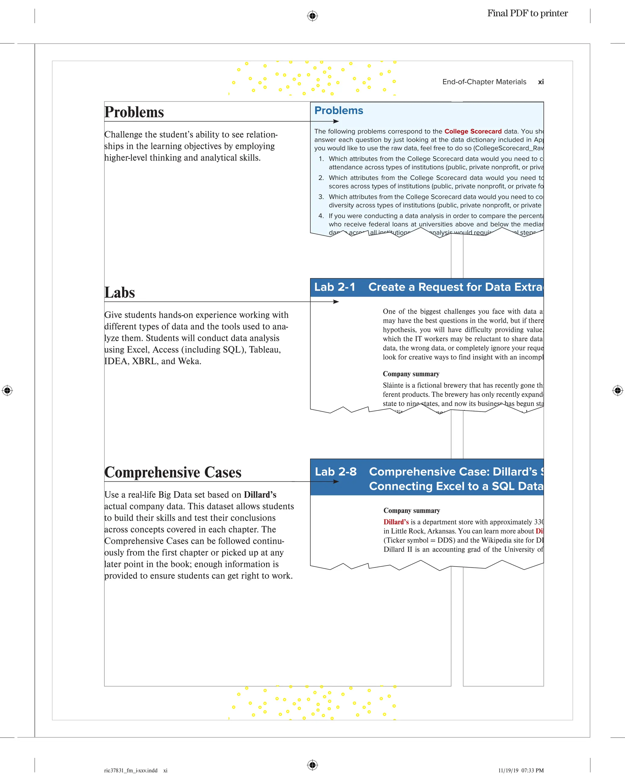 ric37831_fm_i-xxv.indd xi 11/19/19 07:33 PM
End-of-Chapter Materials   xi
Problems
Challenge the student’s ability to see relation-
ships in the learning objectives by employing
higher-level thinking and analytical skills.
Labs
Give students hands-on experience working with
different types of data and the tools used to ana-
lyze them. Students will conduct data analysis
using Excel, Access (including SQL), Tableau,
IDEA, XBRL, and Weka.
Comprehensive Cases
Use a real-life Big Data set based on Dillard’s
actual company data. This dataset allows students
to build their skills and test their conclusions
across concepts covered in each chapter. The
Comprehensive Cases can be followed continu-
ously from the first chapter or picked up at any
later point in the book; enough information is
provided to ensure students can get right to work.
ric37831_ch02_038-091.indd 57
10.
be the effect of the following?
a. Transforming NULL and N/A values into blanks
b. Transforming NULL and N/A values into zeroes
c. Deleting records that have NULL and N/A values from your dataset
(Hint: Think about the impact on different aggregate functions, such as COUNT and
AVERAGE.)
Problems
The following problems correspond to the College Scorecard data. You should be able to
answer each question by just looking at the data dictionary included in Appendix K, but if
you would like to use the raw data, feel free to do so (CollegeScorecard_RawData.txt).
1. Which attributes from the College Scorecard data would you need to compare cost of
attendance across types of institutions (public, private nonprofit, or private for-profit)?
2. Which attributes from the College Scorecard data would you need to compare SAT
scores across types of institutions (public, private nonprofit, or private for-profit)?
3. Which attributes from the College Scorecard data would you need to compare levels of
diversity across types of institutions (public, private nonprofit, or private for-profit)?
4. If you were conducting a data analysis in order to compare the percentage of students
who receive federal loans at universities above and below the median cost of atten-
dance across all institutions, your analysis would require several steps. One of the steps
is to know what question needs to be answered first in order to complete the analysis.
Come up with a set of questions that need to be answered.
5. If you were analyzing the levels of diversity across public and private institutions using
the College Scorecard data, how would you define diversity in terms of the data pro-
vided? Would it be beneficial to combine attributes?
6. Which attributes from the College Scorecard data would you need to compare comple-
tion rate across types of institutions (public, private nonprofit, or private for-profit)?
7. Which attributes from the College Scorecard data would you need to compare the
percentage of students who receive federal loans at universities above and below the
median cost of attendance across all institutions (public, private nonprofit, or private
for-profit)?
8. Which attributes from the College Scorecard data would you need to determine if differ-
ent regions of the country have significantly different costs of attendance?
9. Use the College Scorecard data to determine if different regions of the country have
significantly different costs of attendance (same as Problem 6) and fill out a data request
form in order to extract the appropriate data. Use the template from the chapter as a
guide.
Confirm
58
Oneofthebiggestchallengesyoufacewithdataanalysisisgettingtheright
mayhavethebestquestionsintheworld,butiftherearenodataavailabletosu
hypothesis,youwillhavedifficultyprovidingvalue.Additionally,therearein
whichtheITworkersmaybereluctanttosharedatawithyou.Theymaysendi
data,thewrongdata,orcompletelyignoreyourrequest.Bepersistent,andyoum
lookforcreativewaystofindinsightwithanincompletepicture.
Company summary
Sláinteisafictionalbrewerythathasrecentlygonethroughbigchanges.Sláintes
ferentproducts.Thebreweryhasonlyrecentlyexpandeditsbusinesstodistributin
statetoninestates,andnowitsbusinesshasbegunstabilizingaftertheexpansion
stabilitycomesaneedforbetteranalysis.YouhavebeenhiredbySláintetohel
mentbetterunderstandthecompany’ssalesdataandprovideinputforitsstrategic
Data

• Datarequestform
Technique

• Notechnicalexperienceisnecessaryforthislab.
Software needed

• Wordprocessor
In this lab, you will:
Part1:Identifyappropriatequestionsanddevelopahypothesisforeachquest
Part2:Generatearequestfordata.
Part3:Assessthedatayoureceive.
Part 1: Identify the Questions
OneofSláinte’sfirstprioritiesistoidentifyitsareasofsuccessaswellasareaso
improvement.Yourmanagerhasaskedyoutofocusspecificallyonsalesdataat
Thisincludesdatarelatedtosalesorders,products,andcustomers.
Q1. GiventhatyouarenewandtryingtogetagrasponSláinte’soperation
three questions related to salesthatwouldhelpyoubeginyouranalysis
example,how many products were sold in each state?
Q2. Nowhypothesize the answerstoeachofthequestions.Remember,you
don’thavetobecorrectatthispoint.Theywillhelpyouunderstandw
ofdatayouarelookingfor.Forexample:500 in Missouri, 6,000 in Penn
4,000 in New York, etc.
Q3. Finally,foreachquestion,identify the specific tables and attributestha
neededtoansweryourquestions.UseLab Exhibit 2-1Aforguidanceo
tablesandattributesareavailable.Forexample,toanswerthequestion
statesales,youwouldneedthe[Customer_St]attributethatislocated
[Customer]mastertableaswellasthe[Sales_Order_Quantity_Sold]
inthe[Sales]table.Ifyouhadaccesstostoreordistributioncenterlo
data,youmayalsolookfora[State]fieldthere,aswell.
Lab 2-1 Create a Request for Data Extraction
Confirm
80
ric37831_ch02_038-091.indd 80 09

10. Takeascreenshotofyourresults(labelit2-7A).
11. Whenyoulookattheseresults,youmaywonderwhatsomeoftheattributes
re
Forexample,TRAN_TYPEonlyreturnsvalueswithP.Toviewothertypesof
couldfilteroutanyrecordthathasaTRAN_TYPEofP.Executethefollowing
SELECT TOP 10 *
FROM TRANSACT
WHERE TRAN_TYPE  'P'
Part 4: Address and Refine Results
Q3. Whatdoyouthink‘P’and‘R’representintheTRAN_TYPEtable?H
transactionsdifferiftheyarerepresentedby‘P’or‘R’?
Q4. Whatbenefitcanyougainfromselectingonlythetopfewrowsofyou
particularlyfromalargedataset?
End of Lab
 7. Becausethisdatasetismassive,itcantakeaverylongtimeforthesystemto
thecompletesetofdataforsomeofthebiggertables(suchasTRANSACT)
wouldliketoviewjustthetopfewrowsofadatasettogetthefeelforwhatt
dataisinthetable,youcandosowithaquery.
IntheSELECTline,youcantypeTOP#beforethecolumnsyouwouldl
Anytypeoffiltering,aggregating,andorderingwillstillworkthroughthere
query,butselectingthetopfewwillhelpthequeryrunfasterbyreturninga
theresult.
 8. Toviewthetop10rowsintheTRANSACTtable,typethefollowingqueryi
querywindow:
SELECT TOP 10 *
FROM TRANSACT
 9. Toseetheresultofthequery,clickExecute.F5alsoworkstorunqueriesas
PCshortcut.
Source:MicrosoftSQLServer
ManagementStudio.
Company summary
Dillard’sisadepartmentstorewithapproximately330storesin29states.Itshead
inLittleRock,Arkansas.YoucanlearnmoreaboutDillard’sbylookingatfinance.
(Tickersymbol=DDS)andtheWikipediasiteforDDS.You’llquicklynotethat
DillardIIisanaccountinggradoftheUniversityofArkansasandtheWalton
Lab 2-8 Comprehensive Case: Dillard’s Store Data:
Connecting Excel to a SQL Database
Final PDF to printer
 