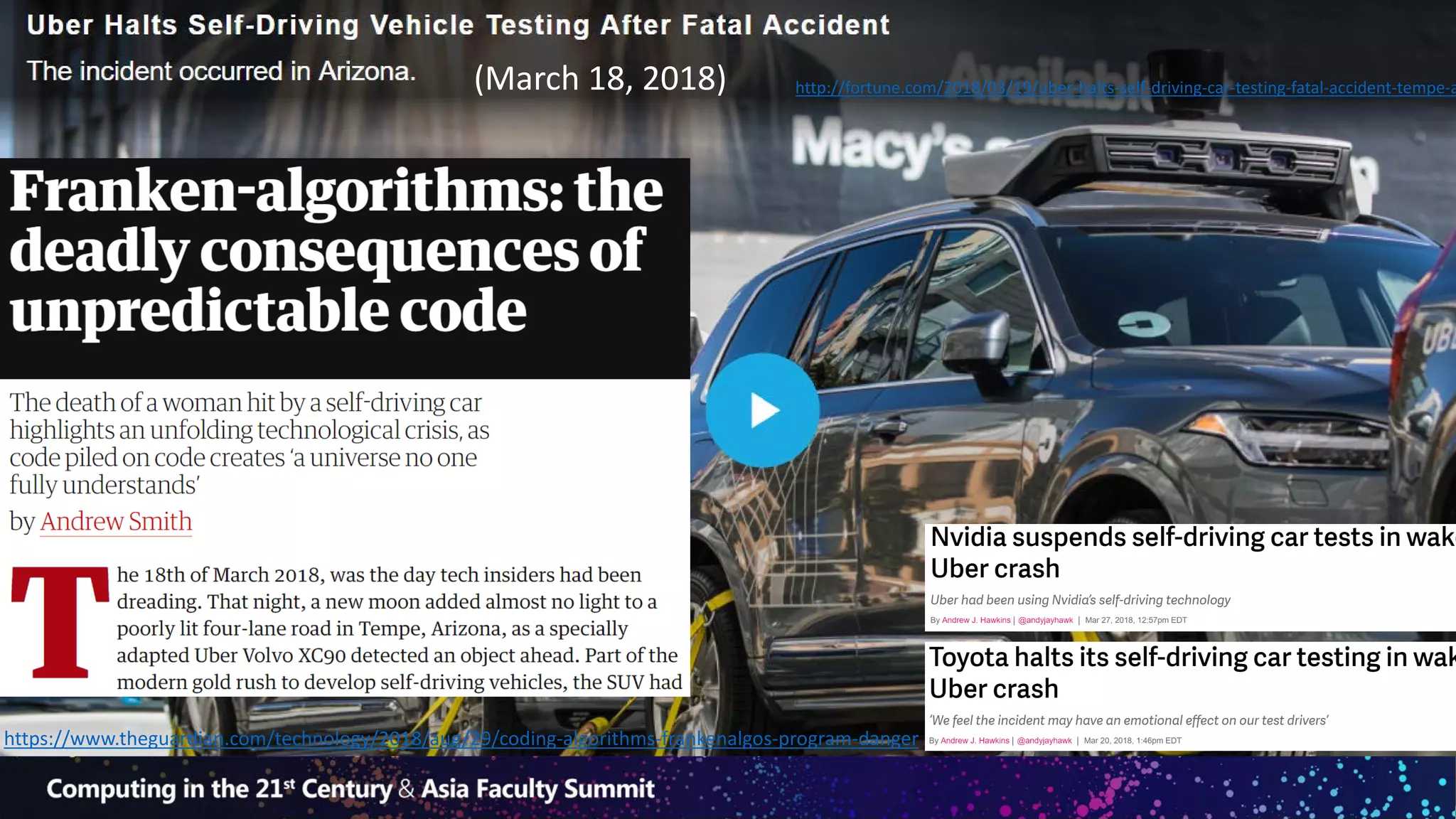 (March 18, 2018) http://fortune.com/2018/03/19/uber-halts-self-driving-car-testing-fatal-accident-tempe-a
https://www.theguardian.com/technology/2018/aug/29/coding-algorithms-frankenalgos-program-danger
 