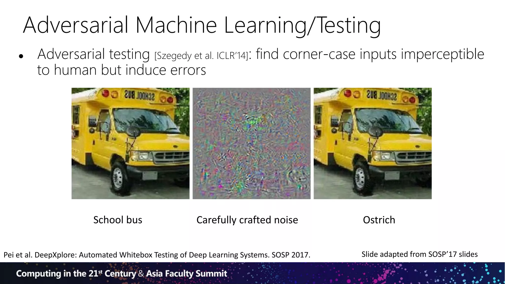 Adversarial Machine Learning/Testing
● Adversarial testing [Szegedy et al. ICLR’14]: find corner-case inputs imperceptible
to human but induce errors
27
School bus OstrichCarefully crafted noise
Pei et al. DeepXplore: Automated Whitebox Testing of Deep Learning Systems. SOSP 2017. Slide adapted from SOSP’17 slides
 