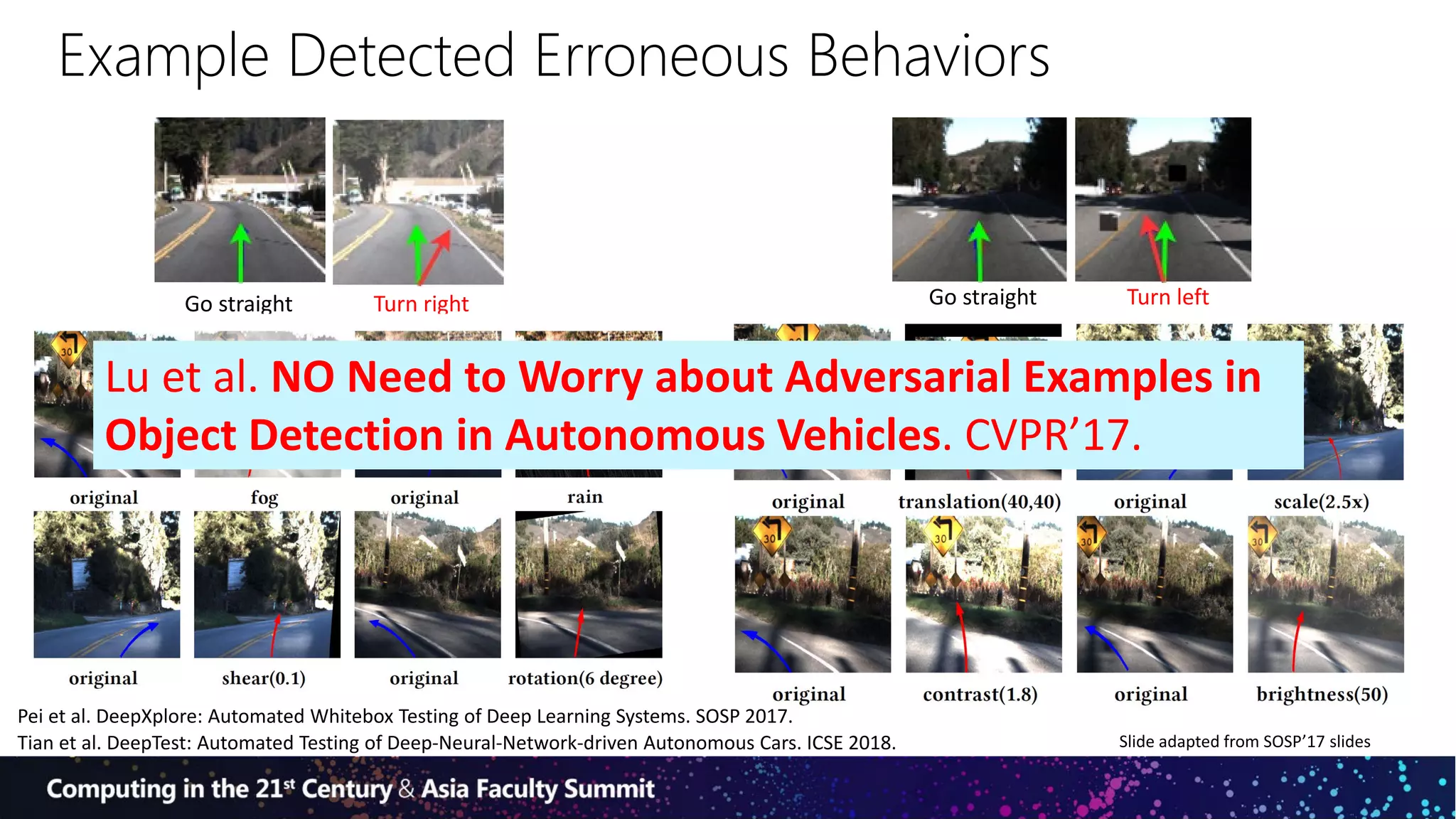 Example Detected Erroneous Behaviors
2929
Turn rightGo straight Go straight Turn left
Tian et al. DeepTest: Automated Testing of Deep-Neural-Network-driven Autonomous Cars. ICSE 2018. Slide adapted from SOSP’17 slides
Lu et al. NO Need to Worry about Adversarial Examples in
Object Detection in Autonomous Vehicles. CVPR’17.
Pei et al. DeepXplore: Automated Whitebox Testing of Deep Learning Systems. SOSP 2017.
 