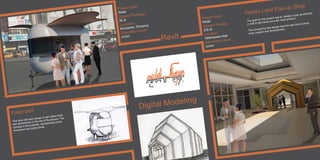 Digital Modeling
Project type:
Retail
Square Footage:
50 sf
Location:
Bucharest, Romania
Education Level:
Junior
Food cart
This food cart was design to sell native food
and sandwiches in the city of Bucharest. The
concept is the butterﬂy, representing travel,
movement and joyful times.
Honey Land Pop-up Shop
The goal for this project was to design a pop-up shop for
a mall to sell honey as a fair trade product.
The concept for this design was the bee hive to show
unity, support and development.
Revit
Project type:
Retail
Square Footage:
225 sf
Location:
Tallahassee Mall
Education Level:
Junior
 