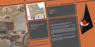 Clock
This clock is inspired from a painting called “United” by Wassily
Kandinsky and is an abstracted form of a solar clock.
The goal of this project was to design a timepiece based on movement,
incorporating the elements and principles of design.
The pyramid shape of the design presents two triangles that point to the
sun, suggesting the hour and minute hands. Instead of showing time in
the typical fashion using these traditional hands, this design displays the
hour and minute at the same time and same place but in two different
planes.
This preserves the primary clock function while exploring a different
format for the time information.
The red color cone functions as a second hand, and its accent color
helps to make the second hand function equally important, bringing
balance and unity to the piece.
Modeling
Hand Rendering
Project type:
Hand Rendering From photo with
marker and pencil
Education Level:
Sophomore
Project type:
3D Modeling
Education Level:
Freshman
 