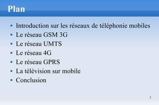 2
Plan
 Introduction sur les réseaux de téléphonie mobiles
 Le réseau GSM 3G
 Le réseau UMTS
 Le réseau 4G
 Le réseau GPRS
 La télévision sur mobile
 Conclusion
 