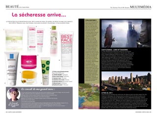 BEaUTé.                  par sarah Riahi                                                                                                                                                 par Docteur Flou et Mr glouton           MULTIMédIa

                  La sécheresse arrive...
                                                                                                                                                ciViliZatioN 5
        Le froid est bien là et le dessèchement aussi. Que ce soient les mains, les jambes, les lèvres, le visage, tout y passe et              s’il y a un investissement
             tout s’effrite ! Rassurez-vous, chez campus, nous avons la solution « économique » à tous vos petits tracas.                       vidéo ludique à faire en
                                                                                                                                                cette fin d’année, c’est
                                                                    3                                                                           bien vers cette dernière
                                                                                                 6                                              édition de civilization que
1                                                                                                                                               nous vous conseillons
                                                                                                                                                de vous tourner. De
                                                                                                                                                nombreux ajouts mineurs
                                                                                                                                                ont été effectués au jeu,
                                                                                                                                                mais dans la globalité
                                                                                                                                                l’expérience reste
                                                                                                                                                identique à la recette
                                                                                                                                                qui a fait le succès de
                                                                                                                                                la série. Dans le monde
                                                                                                                                                extrêmement réaliste et
                                                                                                                                                détaillé de civilization 5,
                                                                                                                                                vous devez asseoir votre
                                                                                                                                                suprématie totale sur le
                                                                                                                                                monde en constituant
                                                                                                                                                une civilisation depuis        caStleVaNia : lorD oF SHaDoWS
                                                                                                                                                ses premiers pas et en la      Il a fallu attendre de nombreuses années pour que Konami
                                                                                                                                                guidant avec brio à travers    réussisse à transposer castlevania en 3D avec brio. Nous y voilà
                                                                                                                                                les âges et les difficultés.   enfin! L’équipe espagnole de Mercury steam a réussi à retirer le
                                                                        4                                                                       Le jeu vous propose 18         meilleur de la série mythique, tout en canalisant les inventions
                                                                                                                                                civilisations et 4 façons      video-ludiques de Devil May cry, shadow of the colossus ou
                                                                                                                                                de les mener à la victoire     encore god of War. Le mélange quasi alchimique ainsi obtenu
                                                                                                                    8                           : par la voie militaire,       en fait un des titres phares de cette génération, avec un
                                                                                                                                                scientifique, diplomatique     gameplay profond et innovant, des environnements de toute
                                                                                                                                                ou culturelle. Les             beauté et une durée de vie conséquente. Jouer à castlevania :
                                                                                                                                                nouveautés sauront             Lord of shadows donne l’impression de participer à un florilège
                                                                                                                                                donner du challenge aux        des meilleurs jeux d’action de ces dernières années, et la
                                                                                                                                                joueurs aguerris, et ont       réalisation d’excellente facture assure une des meilleures
                                                                                                                                                rendu le jeu suffisamment      expériences de cette fin d’année.
                                                                                                                                                accessible pour ceux qui
                                                                                                     1/ crème corps amande persane              souhaiteraient s’essayer
                                 5
                                                                                                     Roget gallet 20,80 euros                   à la référence des jeux
                                                                                                     2/ liPiKar-bauMe 15,40 euros               de stratégie. Faire entrer
                                                                                                     3/ Nourrissant Visage 10,20 euros          civilization 5 dans sa
                                                                                                     4/ hawaiian tropic 7,90 euros              ludothèque, c’est dire au
                                                                                                                                                revoir à de nombreuses
                                                                                                     5/ calendula Yves rocher 10 euros
                                                                                                                                                heures de vie socia
                                                                                                     6/ Hydratant Velours yves rocher 9 euros
    2                                                                         7                      7/ Mineral flower 16,90 euros
                                                                                                     8/ bestFaceForward 11,90 euros



                                     Le conseil de ma grand mère :
                                     • Si vous avez la peau sèche et que vous avez envie d’hydrater un peu votre visage, voici une recette
                                     rapide, naturelle et avec des ingrédients que tout le monde possède.
                                                                                                                                                                               citieS xl 2011
                                                                                                                                                                               cities XL est une simulation de construction de villes qui saura vous faire oublier sim city.
                                     Mélanger dans un bol un yaourt nature, un peu de miel et un jus de citron.
                                                                                                                                                                               Imaginez et développez des villes de toutes les tailles et de tous les genres grâce à une
                                     Bien mélanger pour que cela donne une crème homogène.
                                                                                                                                                                               incroyable collection de plus de 700 bâtiments. De la mégalopole de plusieurs millions
                                     appliquer en masque sur le visage et laisser poser une dizaine de minutes.
                                                                                                                                                                               d’habitants à la station balnéaire branchée, en passant par la cité industrielle, tout vous est
                                     Ensuite rincer à l’eau claire.
                                                                                                                                                                               permis dans cities XL 2011 ! Bâtissez une ville et explorez-la sous une grande diversité de
                                     c’est naturel et économique.                                                                                                              points de vue grâce à un niveau de zoom encore jamais atteint. Les aspects plaisants de
             Le Conseil              • Le cou est souvent une zone dont la peau se dessèche assez vite. Pour hydrater la peau du cou,                                          l’opus précédent ont été conservés, on pense notamment à l’interface intuitive, et d’autres
            de ma grand              il faut prendre un avocat, le réduire en purée et le mélanger avec le jus d’un citron.
                                                                                                                                                                               fonctionnalités ont été ajoutées, comme la possibilité d’établir des liens entre vos villes et de
                mère                 une fois qu’on obtient une pâte homogène, il suffit de l’appliquer sur le cou et de la laisser
                                     poser pendant une quinzaine de minutes.
                                                                                                                                                                               gérer les transports en commun. si vous voulez vous essayer à l’ivresse de construction de
                                                                                                                                                                               grandes villes, ce soft vous tiendra en haleine de nombreuses heures.


        22 / caMpus Mag NOVEMBRE                                                                                                                                                                                                                     NOVEMBRE caMpus Mag / 23
 