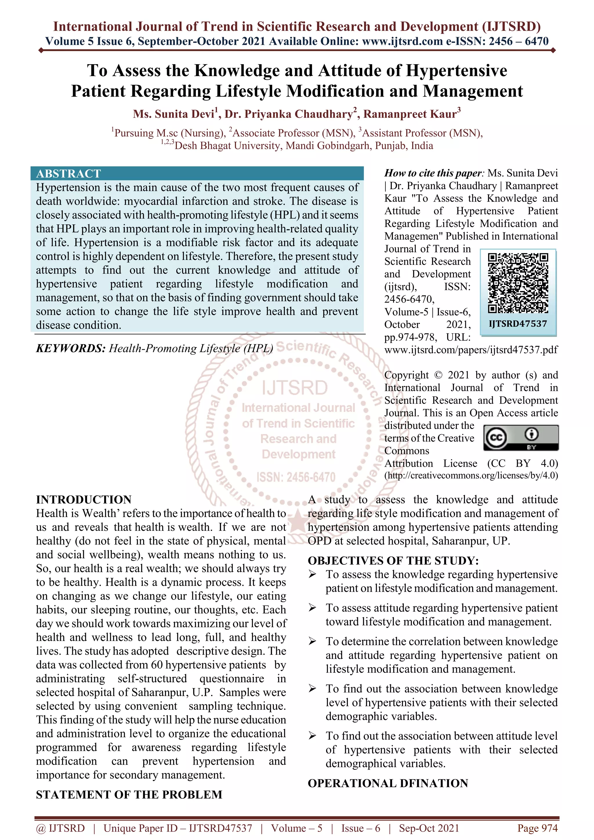 To Assess the Knowledge and Attitude of Hypertensive Patient Regarding ...