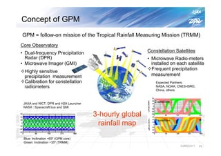 Concept of GPM
GPM = follow-on mission of the Tropical Rainfall Measuring Mission (TRMM)
Core Observatory
• Dual-frequency Precipitation                           Constellation Satellites
  Radar (DPR)                                            • Microwave Radio-meters
• Microwave Imager (GMI)                                   installed on each satellite
                                                           Frequent precipitation
 Highly sensitive
 precipitation measurement                                 measurement
 Calibration for constellation                               Expected Partners:
 radiometers                                                 NASA, NOAA, CNES-ISRO,
                                                             China, others


                                                            2 satellites
 JAXA and NICT: DPR and H2A Launcher
 NASA : Spacecraft bus and GMI

                                       3-hourly global
                                                            8 satellites
                                        rainfall map
 Blue: Inclination ~65º (GPM core)
 Green: Inclination ~35º (TRMM)
                                                                           IGARSS2011   P5
 