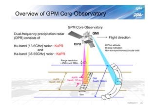Overview of GPM Core Observatory

                                       GPM Core Observatory
Dual-frequency precipitation radar                       GMI
(DPR) consists of                                                       Flight direction

                                            DPR                    407 km altitude,
Ku-band (13.6GHz) radar : KuPR                                     65 deg inclination
              and                                                  Non-sun-synchronous circular orbit
Ka-band (35.55GHz) radar : KaPR
                                Range resolution
                                = 250m and 500m




                                          KaPR           GMI
                          KuPR         Swath: 125 km
                       Swath: 245 km                     Swath: 800km




                                                   5km


                                                                                         IGARSS2011     P6
 