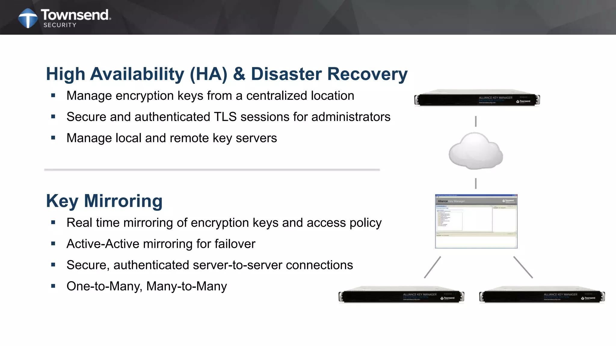 High Availability (HA) & Disaster Recovery
 Manage encryption keys from a centralized location
 Secure and authenticated TLS sessions for administrators
 Manage local and remote key servers
Key Mirroring
 Real time mirroring of encryption keys and access policy
 Active-Active mirroring for failover
 Secure, authenticated server-to-server connections
 One-to-Many, Many-to-Many
 