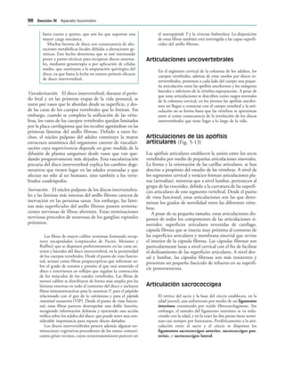 bares cuarto y quinto, que son los que soportan una
mayor carga mecánica.
Muchas hernias de disco son consecuencia de alte-
raciones metabólicas locales debidas a alteraciones ge-
néticas. Este hecho determina que se esté intentando
poner a punto técnicas para recuperar discos anorma-
les, mediante genoterapia o por aplicación de células
madre, que sustituyan a la amputación quirúrgica del
disco, ya que hasta la fecha no existen prótesis eficaces
de disco intervertebral.
Vascularización. El disco intervertebral, durante el perío-
do fetal y en las primeras etapas de la vida posnatal, se
nutre por vasos que lo abordan desde su superficie, y des-
de las caras de los cuerpos vertebrales que lo limitan. Sin
embargo, cuando se completa la osificación de las vérte-
bras, los vasos de los cuerpos vertebrales quedan limitados
por la placa cartilaginosa que los recubre agotándose en las
primeras láminas del anillo fibroso. Debido a estos he-
chos, el núcleo pulposo del adulto constituye la mayor
estructura anatómica del organismo carente de vasculari-
zación cuya supervivencia depende en gran medida de la
difusión de plasma sanguíneo desde vasos que van que-
dando progresivamente más alejados. Esta vascularización
precaria del disco intervertebral explica los cambios dege-
nerativos que tienen lugar en las edades avanzadas y que
afectan no sólo al ser humano, sino también a los verte-
brados cuadrúpedos.
Inervación. El núcleo pulposo de los discos intervertebra-
les y las láminas más internas del anillo fibroso carecen de
inervación en las personas sanas. Sin embargo, las lámi-
nas más superficiales del anillo fibroso poseen termina-
ciones nerviosas de fibras aferentes. Estas terminaciones
nerviosas proceden de neuronas de los ganglios espinales
próximos.
Las fibras de mayor calibre terminan formando recep-
tores encapsulados (corpúsculos de Pacini, Meissner y
Ruffini) que se disponen preferentemente en las caras an-
terior y laterales del disco intervertebral, en la proximidad
de los cuerpos vertebrales. Desde el punto de vista funcio-
nal, actúan como fibras propioceptivas que informan so-
bre el grado de tensión y presión al que está sometido el
disco e intervienen en reflejos que regulan la contracción
de los músculos de los canales vertebrales. Las fibras de
menor calibre se distribuyen de forma más amplia por las
láminas externas en todo el contorno del disco e incluyen
fibras inmunorreactivas para la sustancia P, para el péptido
relacionado con el gen de la calcitonina y para el péptido
intestinal vasoactivo (VIP). Desde el punto de vista funcio-
nal, estas fibras parecen desempeñar una doble función,
recogiendo información dolorosa y ejerciendo una acción
trófica sobre los tejidos del disco, que puede tener una con-
siderable importancia para reparar discos dañados.
Los discos intervertebrales poseen además algunas ter-
minaciones vegetativas procedentes de los ramos comuni-
cantes grises vecinos, cuyos neurotransmisores parecen ser
el neuropéptido Y y la tirosina hidroxilasa. La disposición
de estas fibras también está restringida a las capas superfi-
ciales del anillo fibroso.
Articulaciones uncovertebrales
En el segmento cervical de la columna de los adultos, los
cuerpos vertebrales, además de estar unidos por discos in-
tervertebrales, presentan a cada lado del cuerpo una peque-
ña articulación entre las apófisis unciformes y los márgenes
laterales e inferiores de la vértebra suprayacente. A pesar de
que estas articulaciones se describen como rasgos normales
de la columna cervical, en los jóvenes las apófisis uncifor-
mes no llegan a contactar con el cuerpo vertebral y la arti-
culación no se forma hasta que las vértebras se aproximan
entre sí como consecuencia de la involución de los discos
intervertebrales que tiene lugar a lo largo de la vida.
Articulaciones de las apófisis
articulares (Fig. 5-13)
Las apófisis articulares establecen la unión entre los arcos
vertebrales por medio de pequeñas articulaciones sinoviales.
La forma y la orientación de las carillas articulares, se han
descrito a propósito del estudio de las vértebras. A nivel de
los segmentos cervical y torácico forman articulaciones pla-
nas (artrodias), mientras que a nivel lumbar, pertenecen al
grupo de las trocoides, debido a la curvatura de las superfi-
cies articulares de este segmento vertebral. Desde el punto
de vista funcional, estas articulaciones son las que deter-
minan los grados de movilidad entre las diferentes vérte-
bras.
A pesar de su pequeño tamaño, estas articulaciones dis-
ponen de todos los componentes de las articulaciones si-
noviales: superficies articulares revestidas de cartílago,
cápsula fibrosa que se inserta muy próxima al contorno de
las superficies articulares y membrana sinovial que reviste
el interior de la cápsula fibrosa. Las cápsulas fibrosas son
particularmente laxas a nivel cervical con el fin de facilitar
el deslizamiento de las superficies articulares. A nivel dor-
sal y lumbar, las cápsulas fibrosas son más resistentes y
presentan un pequeño fascículo de refuerzo en su superfi-
cie posteroexterna.
Articulación sacrococcígea
El vértice del sacro y la base del cóccix establecen, en la
edad juvenil, una anfiartrosis por medio de un ligamento
interóseo constituido por tejido fibrocartilaginoso. Sin
embargo, el tamaño del ligamento interóseo se va redu-
ciendo con la edad, y en la vejez las dos piezas óseas termi-
nan casi siempre por fusionarse. Periféricamente a la arti-
culación entre el sacro y el cóccix se disponen los
ligamentos sacrococcígeo anterior, sacrococcígeo pos-
terior, y sacrococcígeo lateral.
 3ECCIØN ))) Aparato locomotor
 