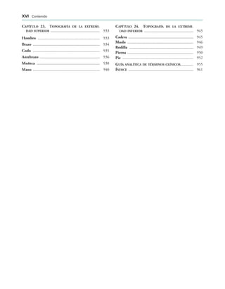 CAPÍTULO 23. TOPOGRAFÍA DE LA EXTREMI-
DAD SUPERIOR  933
Hombro  933
Brazo  934
Codo  935
Antebrazo  936
Muñeca  938
Mano  940
CAPÍTULO 24. TOPOGRAFÍA DE LA EXTREMI-
DAD INFERIOR  945
Cadera  945
Muslo  946
Rodilla  949
Pierna  950
Pie  952
GUÍA ANALÍTICA DE TÉRMINOS CLÍNICOS............. 955
ÍNDICE .................................................................. 961
XVI Contenido
 
