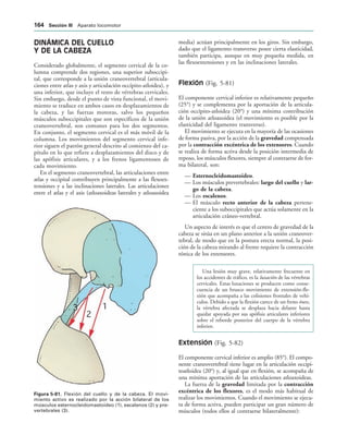 IGURA   Flexión del cuello y de la cabeza. El movi-
miento activo es realizado por la acción bilateral de los
músculos esternocleidomastoideo (1), escalenos (2) y pre-
vertebrales (3).
DINÁMICA DEL CUELLO
Y DE LA CABEZA
Considerado globalmente, el segmento cervical de la co-
lumna comprende dos regiones, una superior suboccipi-
tal, que corresponde a la unión craneovertebral (articula-
ciones entre atlas y axis y articulación occípito-atloidea), y
una inferior, que incluye el resto de vértebras cervicales.
Sin embargo, desde el punto de vista funcional, el movi-
miento se traduce en ambos casos en desplazamientos de
la cabeza, y las fuerzas motoras, salvo los pequeños
músculos suboccipitales que son específicos de la unión
craneovertebral, son comunes para los dos segmentos.
En conjunto, el segmento cervical es el más móvil de la
columna. Los movimientos del segmento cervical infe-
rior siguen el patrón general descrito al comienzo del ca-
pítulo en lo que refiere a desplazamientos del disco y de
las apófisis articulares, y a los frenos ligamentosos de
cada movimiento.
En el segmento craneovertebral, las articulaciones entre
atlas y occipital contribuyen principalmente a las flexoex-
tensiones y a las inclinaciones laterales. Las articulaciones
entre el atlas y el axis (atloaxoideas laterales y atloaxoidea
media) actúan principalmente en los giros. Sin embargo,
dado que el ligamento transverso posee cierta elasticidad,
también participa, aunque en muy pequeña medida, en
las flexoextensiones y en las inclinaciones laterales.
Flexión (Fig. 5-81)
El componente cervical inferior es relativamente pequeño
(25°) y se complementa por la aportación de la articula-
ción occípito-atloidea (20°) y una mínima contribución
de la unión atloaxoidea (el movimiento es posible por la
elasticidad del ligamento transverso).
El movimiento se ejecuta en la mayoría de las ocasiones
de forma pasiva, por la acción de la gravedad compensada
por la contracción excéntrica de los extensores. Cuando
se realiza de forma activa desde la posición intermedia de
reposo, los músculos flexores, siempre al contraerse de for-
ma bilateral, son:
— Esternocleidomastoideo.
— Los músculos prevertebrales: largo del cuello y lar-
go de la cabeza.
— Los escalenos.
— El músculo recto anterior de la cabeza pertene-
ciente a los suboccipitales que actúa solamente en la
articulación cráneo-vertebral.
Un aspecto de interés es que el centro de gravedad de la
cabeza se sitúa en un plano anterior a la unión craneover-
tebral, de modo que en la postura erecta normal, la posi-
ción de la cabeza mirando al frente requiere la contracción
tónica de los extensores.
Una lesión muy grave, relativamente frecuente en
los accidentes de tráfico, es la luxación de las vértebras
cervicales. Estas luxaciones se producen como conse-
cuencia de un brusco movimiento de extensión-fle-
xión que acompaña a las colisiones frontales de vehí-
culos. Debido a que la flexión carece de un freno óseo,
la vértebra afectada se desplaza hacia delante hasta
quedar apoyada por sus apófisis articulares inferiores
sobre el reborde posterior del cuerpo de la vértebra
inferior.
Extensión (Fig. 5-82)
El componente cervical inferior es amplio (85°). El compo-
nente craneovertebral tiene lugar en la articulación occipi-
toatloidea (20°) y, al igual que en flexión, se acompaña de
una mínima aportación de las articulaciones atloaxoideas.
La fuerza de la gravedad limitada por la contracción
excéntrica de los flexores, es el modo más habitual de
realizar los movimientos. Cuando el movimiento se ejecu-
ta de forma activa, pueden participar un gran número de
músculos (todos ellos al contraerse bilateralmente):
 3ECCIØN ))) Aparato locomotor
 