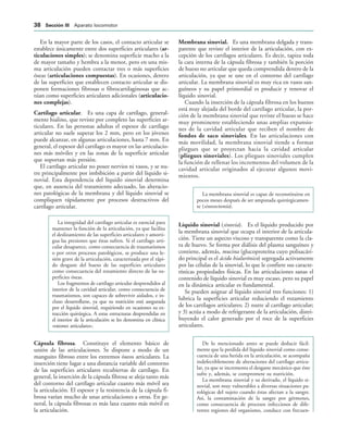 En la mayor parte de los casos, el contacto articular se
establece únicamente entre dos superficies articulares (ar-
ticulaciones simples); se denomina superficie macho a la
de mayor tamaño y hembra a la menor, pero en una mis-
ma articulación pueden contactar tres o más superficies
óseas (articulaciones compuestas). En ocasiones, dentro
de las superficies que establecen contacto articular se dis-
ponen formaciones fibrosas o fibrocartilaginosas que ac-
túan como superficies articulares adicionales (articulacio-
nes complejas).
Cartílago articular. Es una capa de cartílago, general-
mente hialino, que reviste por completo las superficies ar-
ticulares. En las personas adultas el espesor de cartílago
articular no suele superar los 2 mm, pero en los jóvenes
puede alcanzar, en algunas articulaciones, hasta 7 mm. En
general, el espesor del cartílago es mayor en las articulacio-
nes más móviles y en las zonas de la superficie articular
que soportan más presión.
El cartílago articular no posee nervios ni vasos, y se nu-
tre principalmente por imbibición a partir del líquido si-
novial. Esta dependencia del líquido sinovial determina
que, en ausencia del tratamiento adecuado, las alteracio-
nes patológicas de la membrana y del líquido sinovial se
compliquen rápidamente por procesos destructivos del
cartílago articular.
La integridad del cartílago articular es esencial para
mantener la función de la articulación, ya que facilita
el deslizamiento de las superficies articulares y amorti-
gua las presiones que éstas sufren. Si el cartílago arti-
cular desaparece, como consecuencia de traumatismos
o por otros procesos patológicos, se produce una le-
sión grave de la articulación, caracterizada por el rápi-
do desgaste del hueso de las superficies articulares
como consecuencia del rozamiento directo de las su-
perficies óseas.
Los fragmentos de cartílago articular desprendidos al
interior de la cavidad articular, como consecuencia de
traumatismos, son capaces de sobrevivir aislados, e in-
cluso desarrollarse, ya que su nutrición está asegurada
por el líquido sinovial, requiriendo en ocasiones su ex-
tracción quirúrgica. A estas estructuras desprendidas en
el interior de la articulación se les denomina en clínica
«ratones articulares».
Cápsula fibrosa. Constituye el elemento básico de
unión de las articulaciones. Se dispone a modo de un
manguito fibroso entre los extremos óseos articulares. La
inserción tiene lugar a una distancia variable del contorno
de las superficies articulares recubiertas de cartílago. En
general, la inserción de la cápsula fibrosa se aleja tanto más
del contorno del cartílago articular cuanto más móvil sea
la articulación. El espesor y la resistencia de la cápsula fi-
brosa varían mucho de unas articulaciones a otras. En ge-
neral, la cápsula fibrosas es más laxa cuanto más móvil es
la articulación.
Membrana sinovial. Es una membrana delgada y trans-
parente que reviste el interior de la articulación, con ex-
cepción de los cartílagos articulares. Es decir, tapiza toda
la cara interna de la cápsula fibrosa y también la porción
de hueso no articular que queda comprendida dentro de la
articulación, ya que se une en el contorno del cartílago
articular. La membrana sinovial es muy rica en vasos san-
guíneos y su papel primordial es producir y renovar el
líquido sinovial.
Cuando la inserción de la cápsula fibrosa en los huesos
está muy alejada del borde del cartílago articular, la por-
ción de la membrana sinovial que reviste el hueso se hace
muy prominente estableciendo unas amplias expansio-
nes de la cavidad articular que reciben el nombre de
fondos de saco sinoviales. En las articulaciones con
más movilidad, la membrana sinovial tiende a formar
pliegues que se proyectan hacia la cavidad articular
(pliegues sinoviales). Los pliegues sinoviales cumplen
la función de rellenar los incrementos del volumen de la
cavidad articular originados al ejecutar algunos movi-
mientos.
La membrana sinovial es capaz de reconstituirse en
pocos meses después de ser amputada quirúrgicamen-
te (sinovectomía).
Líquido sinovial (sinovia). Es el líquido producido por
la membrana sinovial que ocupa el interior de la articula-
ción. Tiene un aspecto viscoso y transparente como la cla-
ra de huevo. Se forma por diálisis del plasma sanguíneo y
contiene, además, mucina (glucoproteína cuyo polisacári-
do principal es el ácido hialurónico) segregada activamente
por las células de la sinovial, lo que le confiere sus caracte-
rísticas propiedades físicas. En las articulaciones sanas el
contenido de líquido sinovial es muy escaso, pero su papel
en la dinámica articular es fundamental.
Se pueden asignar al líquido sinovial tres funciones: 1)
lubrica la superficies articular reduciendo el rozamiento
de los cartílagos articulares; 2) nutre al cartílago articular;
y 3) actúa a modo de refrigerante de la articulación, distri-
buyendo el calor generado por el roce de la superficies
articulares.
De lo mencionado antes se puede deducir fácil-
mente que la perdida del líquido sinovial como conse-
cuencia de una herida en la articulación, se acompaña
indefectiblemente de alteraciones del cartílago articu-
lar, ya que se incrementa el desgaste mecánico que éste
sufre y, además, se compromete su nutrición.
La membrana sinovial y su derivado, el líquido si-
novial, son muy vulnerables a diversas situaciones pa-
tológicas del sujeto cuando éstas afectan a la sangre.
Así, la contaminación de la sangre por gérmenes,
como consecuencia de procesos infecciosos de dife-
rentes regiones del organismo, conduce con frecuen-
 3ECCIØN ))) Aparato locomotor
 