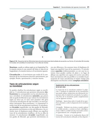 !  #
$ % 
IGURA   Esquema de los diferentes tipos de articulaciones diartrodiales de acuerdo a su forma. A) artrodia; B) trocoide;
C) troclear; D) condílea; E) enartrosis; F) en silla de montar.
Rotaciones, cuando se realizan según un eje longitudinal. En
la rotación externa la cara anterior del hueso se aleja de eje
longitudinal, y la rotación interna es el movimiento opuesto.
Circunducción, es el movimiento que resulta de la com-
binación de los movimientos descritos anteriormente, por
ejemplo, flexión, aproximación y rotación interna.
Tipos de articulaciones según
su movilidad
Se pueden clasificar las articulaciones según su movili-
dad en: 1) articulaciones que permiten únicamente des-
lizamientos (se corresponden con las articulaciones pla-
nas o artrodias); 2) articulaciones uniaxiales, que poseen
sólo un grado de libertad ya que realizan los movimientos
según un único eje; en unos casos permiten sólo giros
(caso de las articulaciones de tipo trocoide) y en otros per-
miten únicamente flexo-extensiones y se denominan li-
neales (caso de las articulaciones trocleares); 3) articulacio-
nes bi-axiales (superficiales con dos grados de libertad),
que permiten movimientos en dos ejes diferentes y los ex-
tremos óseos al desplazarse puede dibujar una superficie
(caso de las articulaciones condíleas y de las en sillas de
montar); 4) articulaciones tri-axiales (superficiales con
tres grados de libertad), que permiten movimientos en
tres ejes diferentes y los extremos óseos al desplazarse di-
bujan una superficie (caso de las enartrosis); y 5) articula-
ciones espaciales (tridimensionales); en este caso los ex-
tremos óseos pueden cambiar de plano y en lugar de
dibujar una superficie son capaces de recorrer una esfera.
Estos movimientos sólo son posibles si se considera la par-
ticipación de varias articulaciones al mismo tiempo para
desempeñar una función común (complejos articulares).
Exploración de las articulaciones
en el ser vivo
La inspección de la articulación mediante la palpa-
ción, o mediante la exploración de los movimientos
que puede realizar, proporciona una información im-
portante sobre el estado de la articulación. La explora-
ción física de la articulación puede complementarse
con las siguientes técnicas:
Radiología. Aporta datos sobre el estado de las super-
ficies articulares y sobre la disposición de la interlínea
articular.
Artrografía. Mediante esta técnica se puede explorar
la cavidad articular, y consiste en hacer radiológica-
mente visible la cavidad articular inyectando contras-
tes (generalmente aire: artrografía gaseosa).
Artroscopia. Consiste en la visualización directa del
interior de la articulación utilizando un fino dispositi-
#APÓTULO  Generalidades del aparato locomotor 
 
