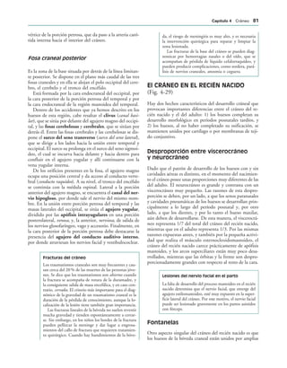 vértice de la porción petrosa, que da paso a la arteria caró-
tida interna hacia el interior del cráneo.
Fosa craneal posterior
Es la zona de la base situada por detrás de la línea limitan-
te posterior. Se dispone en el plano más caudal de las tres
fosas craneales y en ella se alojan el polo occipital del cere-
bro, el cerebelo y el tronco del encéfalo.
Está formada por la cara endocraneal del occipital, por
la cara posterior de la porción petrosa del temporal y por
la cara endocraneal de la región mastoidea del temporal.
Dentro de los accidentes que ya hemos descrito en los
huesos de esta región, cabe resaltar el clivus (canal basi-
lar), que se sitúa por delante del agujero magno del occipi-
tal, y las fosas cerebelosas y cerebrales, que se sitúan por
detrás él. Entre las fosas cerebrales y las cerebelosas se dis-
pone el surco del seno transverso (surco del seno lateral),
que se dirige a los lados hacia la unión entre temporal y
occipital. El surco su prolonga en el surco del seno sigmoi-
deo, el cual se incurva hacia delante y hacia dentro para
confluir en el agujero yugular y allí continuarse con la
vena yugular interna.
De los orificios presentes en la fosa, el agujero magno
ocupa una posición central y da acceso al conducto verte-
bral (conducto raquídeo). A su nivel, el tronco del encéfalo
se continúa con la médula espinal. Lateral a la porción
anterior del agujero magno, se encuentra el canal del ner-
vio hipogloso, por donde sale el nervio del mismo nom-
bre. En la unión entre porción petrosa del temporal y las
masas laterales del occipital, se sitúa el agujero yugular,
dividido por las apófisis intrayugulares en una porción
posterolateral, venosa, y, la anterior, nerviosa, de salida de
los nervios glosofaríngeo, vago y accesorio. Finalmente, en
la cara posterior de la porción petrosa debe destacarse la
presencia del agujero del conducto auditivo interno,
por donde atraviesan los nervios facial y vestibulococlear.
Fracturas del cráneo
Los traumatismos craneales son muy frecuentes y cau-
san cerca del 20 % de las muertes de las personas jóve-
nes. Se dice que los traumatismos son abiertos cuando
la fractura se acompaña de rotura de la duramadre, y
la consiguiente salida de masa encefálica, y en caso con-
trario, cerrados. El criterio más importante para el diag-
nóstico de la gravedad de un traumatismo craneal es la
duración de la pérdida de conocimiento, aunque la lo-
calización de la lesión tiene también gran importancia.
Las fracturas lineales de la bóveda no suelen revestir
mucha gravedad y tienden espontáneamente a cerrar-
se. Sin embargo, en los niños los bordes de la fractura
pueden pellizcar la meninge y dar lugar a engrosa-
mientos del callo de fractura que requieren tratamien-
to quirúrgico. Cuando hay hundimientos de la bóve-
da, el riesgo de meningitis es muy alto, y es necesaria
la intervención quirúrgica para reparar y limpiar la
zona lesionada.
Las fracturas de la base del cráneo se pueden diag-
nosticar por hemorragias nasales o del oído, que se
acompañan de pérdida de líquido cefalorraquídeo, y
pueden producir complicaciones, como sordera, pará-
lisis de nervios craneales, anosmia o ceguera.
El CRÁNEO EN EL RECIÉN NACIDO
(Fig. 4-29)
Hay dos hechos característicos del desarrollo cráneal que
provocan importantes diferencias entre el cráneo del re-
cién nacido y el del adulto: 1) los huesos completan su
desarrollo morfológico en períodos posnatales tardíos, y
2) los huesos, al no haber completado su osificación, se
mantienen unidos por cartílago o por membranas de teji-
do conjuntivo.
Desproporción entre viscerocráneo
y neurocráneo
Dado que el patrón de desarrollo de los huesos con y sin
cavidades aéreas es distinto, en el momento del nacimien-
to el cráneo posee unas proporciones muy diferentes de las
del adulto. El neurocráneo es grande y contrasta con un
viscerocráneo muy pequeño. Las razones de esta despro-
porción se deben, por un lado, a que los senos paranasales
y cavidades pneumáticas de los huesos se desarrollan prin-
cipalmente a lo largo del período posnatal y, por otro
lado, a que los dientes, y por lo tanto el hueso maxilar,
aún deben de desarrollarse. De esta manera, el viscerocrá-
neo representa 1/7 del total del cráneo del recién nacido,
mientras que en el adulto representa 1/3. Por las mismas
razones expuestas antes, y también por la pequeña activi-
dad que realiza el músculo esternocleoidomastoideo, el
cráneo del recién nacido carece prácticamente de apófisis
mastoides, y los arcos superciliares están muy poco desa-
rrollados, mientras que las órbitas y la frente son despro-
porcionadamente grandes con respecto al resto de la cara.
Lesiones del nervio facial en el parto
La falta de desarrollo del proceso mastoideo en el recién
nacido determina que el nervio facial, que emerge del
agujero estilomastoideo, esté muy expuesto en la super-
ficie lateral del cráneo. Por este motivo, el nervio facial
puede ser lesionado gravemente en los partos asistidos
con fórceps.
Fontanelas
Otro aspecto singular del cráneo del recién nacido es que
los huesos de la bóveda craneal están unidos por amplias
#APÓTULO  Cráneo 
 