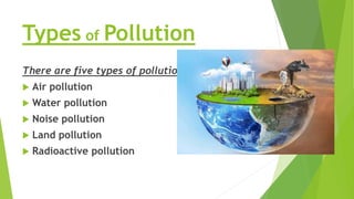 Types of Pollution
There are five types of pollution
 Air pollution
 Water pollution
 Noise pollution
 Land pollution
 Radioactive pollution
 