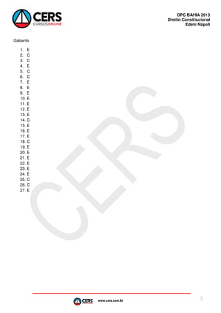 DPC BAHIA 2013
Direito Constitucional
Edem Nápoli

Gabarito
1. E
2. C
3. C
4. E
5. C
6. C
7. E
8. E
9. E
10. E
11. E
12. E
13. E
14. C
15. E
16. E
17. E
18. C
19. E
20. E
21. E
22. E
23. E
24. E
25. C
26. C
27. E

www.cers.com.br

3

 