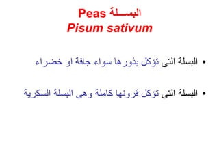 ‫البســـلة‬
Peas
Pisum sativum
•
‫التى‬ ‫البسلة‬
‫خضراء‬ ‫او‬ ‫جافة‬ ‫سواء‬ ‫بذورها‬ ‫تؤكل‬
•
‫التى‬ ‫البسلة‬
‫تؤكل‬
‫الس‬ ‫البسلة‬ ‫وهى‬ ‫كاملة‬ ‫قرونها‬
‫كرية‬
 