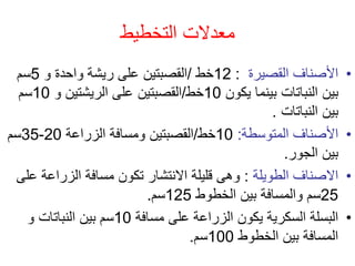 ‫التخطيط‬ ‫معدالت‬
•
‫القصيرة‬ ‫األصناف‬
:
12
‫خط‬
/
‫و‬ ‫واحدة‬ ‫ريشة‬ ‫على‬ ‫القصبتين‬
5
‫سم‬
‫النباتات‬ ‫بين‬
‫يكون‬ ‫بينما‬
10
‫خط‬
/
‫الريشتين‬ ‫على‬ ‫القصبتين‬
‫و‬
10
‫سم‬
‫النباتات‬ ‫بين‬
.
•
‫األصناف‬
‫ال‬
‫متوسطة‬
:
10
‫خط‬
/
‫الزراعة‬ ‫ومسافة‬ ‫القصبتين‬
20
-
35
‫سم‬
‫الجور‬ ‫بين‬
.
•
‫الطويلة‬ ‫االصناف‬
:
‫الزراعة‬ ‫مسافة‬ ‫تكون‬ ‫االنتشار‬ ‫قليلة‬ ‫وهى‬
‫على‬
25
‫الخطوط‬ ‫بين‬ ‫والمسافة‬ ‫سم‬
125
‫سم‬
.
•
‫مسافة‬ ‫على‬ ‫الزراعة‬ ‫يكون‬ ‫السكرية‬ ‫البسلة‬
10
‫و‬ ‫النباتات‬ ‫بين‬ ‫سم‬
‫الخطوط‬ ‫بين‬ ‫المسافة‬
100
‫سم‬
.
 
