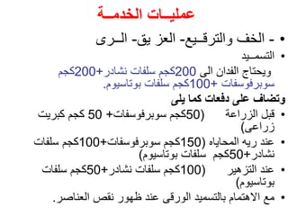 ‫الخدمــة‬ ‫عمليــات‬
•
-
‫والترقــيع‬ ‫الخف‬
-
‫يق‬ ‫العز‬
-
‫الــرى‬
•
‫التسمــيد‬
‫الى‬ ‫الفدان‬ ‫ويحتاج‬
200
‫نشادر‬ ‫سلفات‬ ‫كجم‬
+
200
‫كجم‬
‫سوبرفوسفات‬
+
100
‫بوتاسيوم‬ ‫سلفات‬ ‫كجم‬
.
‫يلى‬ ‫كما‬ ‫دفعات‬ ‫على‬ ‫وتضاف‬
•
‫الزراعة‬ ‫قبل‬
(
50
‫سوبرفوسفات‬ ‫كجم‬
+
50
‫ك‬
‫كبريت‬ ‫جم‬
‫زراعى‬
)
•
‫المحاياه‬ ‫ريه‬ ‫عند‬
(
150
‫سوبرفوسفات‬ ‫كجم‬
+
100
‫سلفات‬ ‫كجم‬
‫نشادر‬
+
50
‫بوتاسيوم‬ ‫سلفات‬ ‫كجم‬
)
•
‫التزهير‬ ‫عند‬
(
100
‫نشادر‬ ‫سلفات‬ ‫كجم‬
+
50
‫سلفات‬ ‫كجم‬
‫بوتاسيوم‬
)
•
‫العناصر‬ ‫نقص‬ ‫ظهور‬ ‫عند‬ ‫الورقى‬ ‫بالتسميد‬ ‫االهتمام‬ ‫مع‬
.
 