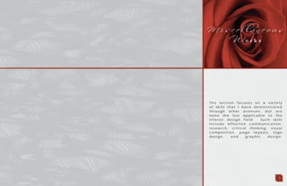 This section fo cu se s on a va r i e ty
of skills that I h a ve d e mon str a te d
through other a ve n u e s, bu t a r e
none the less a ppl i ca bl e to th e
interior design f i e l d . Su ch ski l l s
include effecti ve commu n i ca ti on ,
research, critica l th i n ki n g, vi su a l
composition, pa ge l a y ou ts, l ogo
design, and gr a ph i c d e si gn .
3
M i s ce l lan e o u s
W o r k s
 