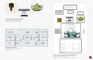 FURNITURE AND FIXTURE SELECTIONS
Hospitality Design: Lumiere Hotel
Layouts created with Adobe InDesign
HOTEL BOARD COMPOSITION: REGISTRATION: N.T.S.
Hospitality Design: Lumiere Hotel
Furniture, Material, Pictorial & Furniture Floor Plan 11
STACKING DIAGRAM: N.T.S.
Hospitality Design: Lumiere Hotel
Created in CAD
 