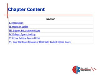 Section
I. Introduction
II. Means of Egress
III. Interior Exit Stairway Doors
IV. Delayed Egress Locking
V. Sensor Release Egress Doors
VI. Door Hardware Release of Electrically Locked Egress Doors
Chapter Content
 