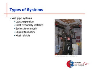 Types of Systems
‣ Wet pipe systems
‣ Least expensive
‣ Most frequently installed
‣ Easiest to maintain
‣ Easiest to modify
‣ Most reliable
© A. Maurice Jones, Jr./Jones & Bartlett Learning
 