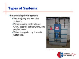 Types of Systems
‣ Residential sprinkler systems
‣ Vast majority are wet pipe
systems.
‣ Primary piping materials are
CPVC, copper, polyethylene, and
polybutylene.
‣ Water is supplied by domestic
water line.
© A. Maurice Jones, Jr./Jones & Bartlett Learning
 