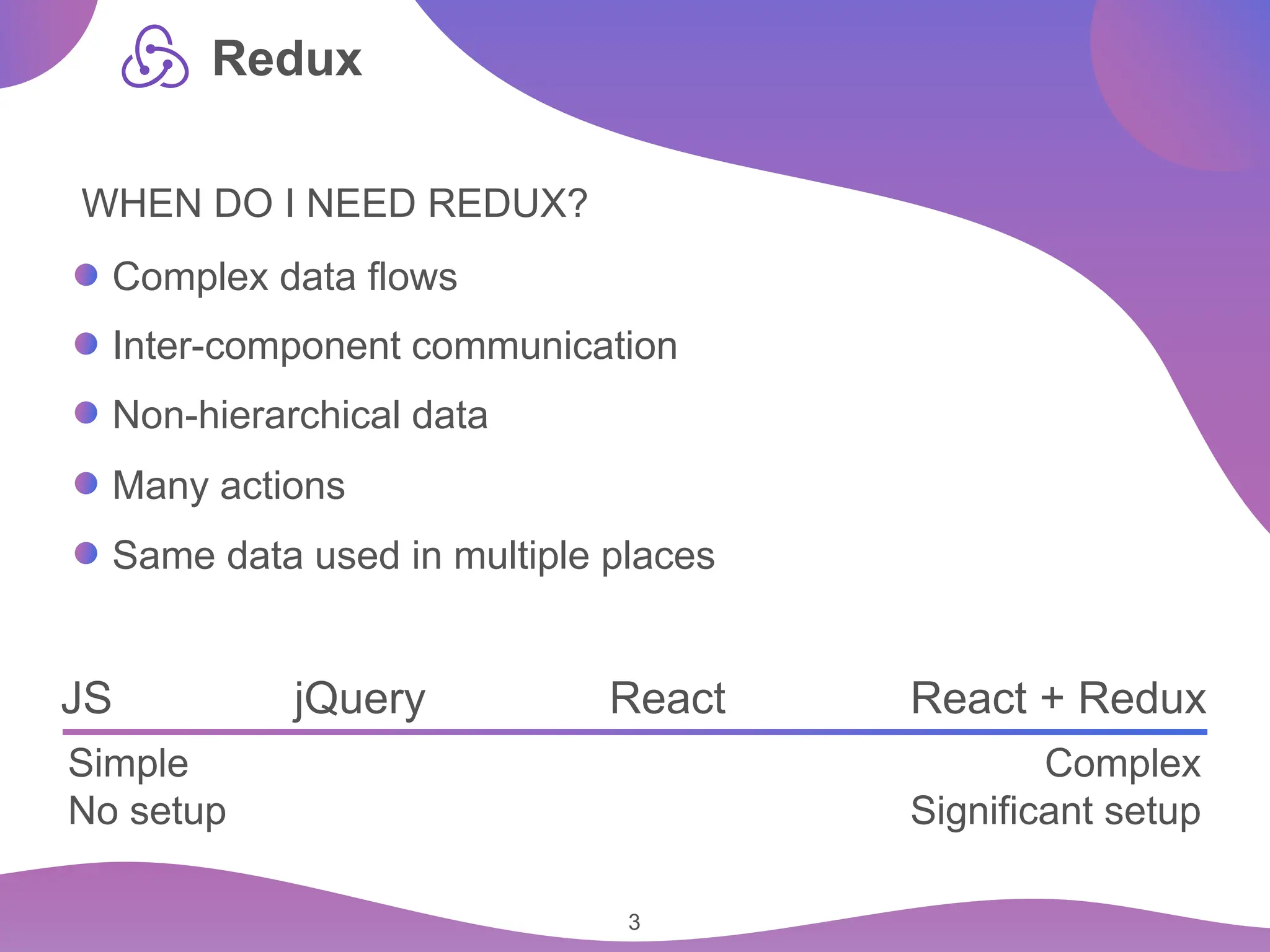 3 Redux Simple No setup Complex Significant setup JS jQuery React React + Redux Complex data flows Inter-component communication Non-hierarchical data Many actions Same data used in multiple places WHEN DO I NEED REDUX? 