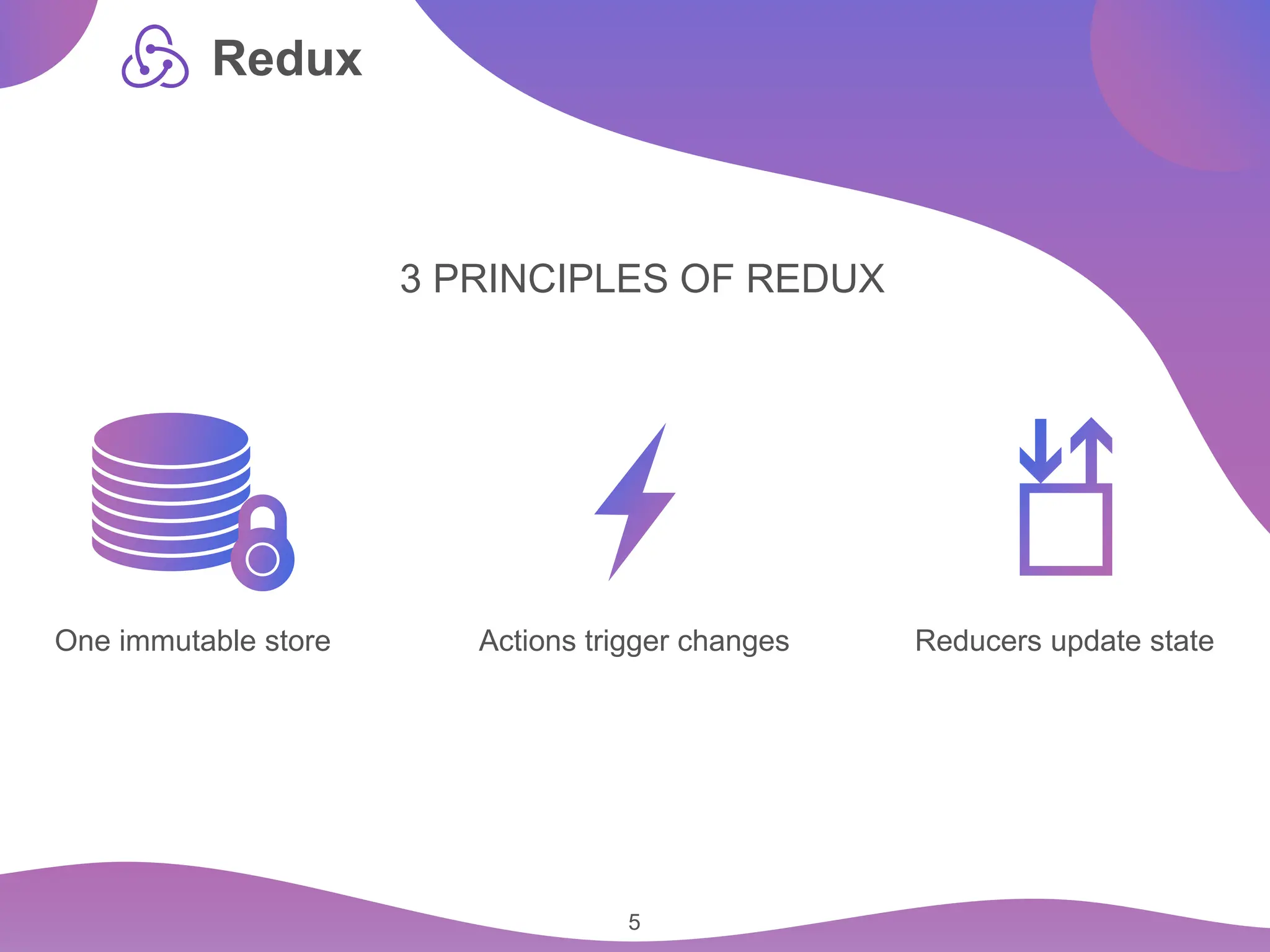 5 Redux One immutable store Actions trigger changes Reducers update state 3 PRINCIPLES OF REDUX 