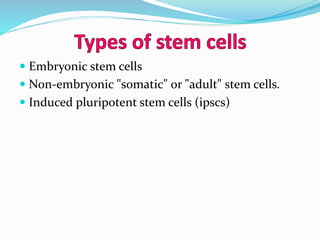  Embryonic stem cells
 Non-embryonic "somatic" or "adult" stem cells.
 Induced pluripotent stem cells (ipscs)
 