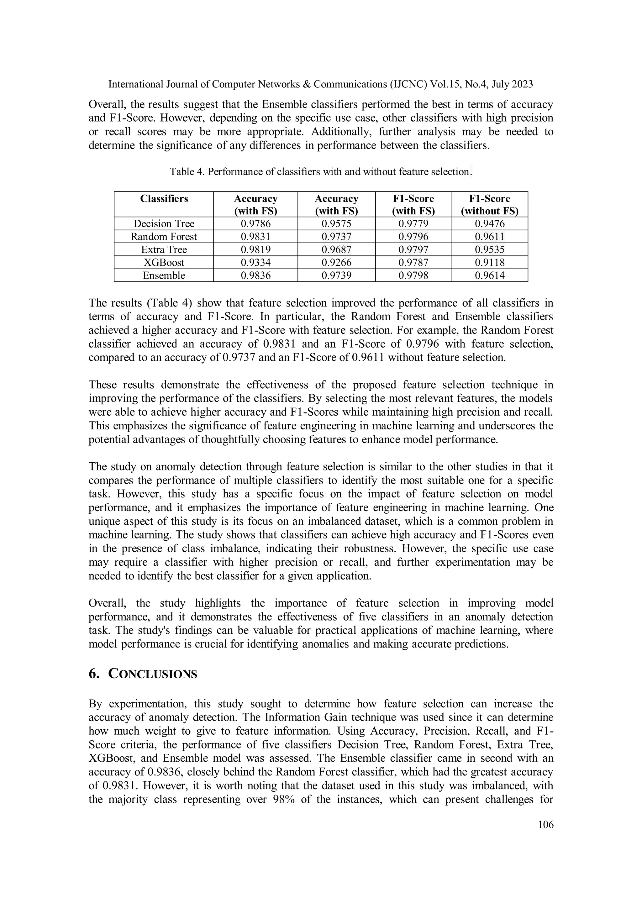 International Journal of Computer Networks & Communications (IJCNC) Vol.15, No.4, July 2023 106 Overall, the results suggest that the Ensemble classifiers performed the best in terms of accuracy and F1-Score. However, depending on the specific use case, other classifiers with high precision or recall scores may be more appropriate. Additionally, further analysis may be needed to determine the significance of any differences in performance between the classifiers. Table 4. Performance of classifiers with and without feature selection. Classifiers Accuracy (with FS) Accuracy (with FS) F1-Score (with FS) F1-Score (without FS) Decision Tree 0.9786 0.9575 0.9779 0.9476 Random Forest 0.9831 0.9737 0.9796 0.9611 Extra Tree 0.9819 0.9687 0.9797 0.9535 XGBoost 0.9334 0.9266 0.9787 0.9118 Ensemble 0.9836 0.9739 0.9798 0.9614 The results (Table 4) show that feature selection improved the performance of all classifiers in terms of accuracy and F1-Score. In particular, the Random Forest and Ensemble classifiers achieved a higher accuracy and F1-Score with feature selection. For example, the Random Forest classifier achieved an accuracy of 0.9831 and an F1-Score of 0.9796 with feature selection, compared to an accuracy of 0.9737 and an F1-Score of 0.9611 without feature selection. These results demonstrate the effectiveness of the proposed feature selection technique in improving the performance of the classifiers. By selecting the most relevant features, the models were able to achieve higher accuracy and F1-Scores while maintaining high precision and recall. This emphasizes the significance of feature engineering in machine learning and underscores the potential advantages of thoughtfully choosing features to enhance model performance. The study on anomaly detection through feature selection is similar to the other studies in that it compares the performance of multiple classifiers to identify the most suitable one for a specific task. However, this study has a specific focus on the impact of feature selection on model performance, and it emphasizes the importance of feature engineering in machine learning. One unique aspect of this study is its focus on an imbalanced dataset, which is a common problem in machine learning. The study shows that classifiers can achieve high accuracy and F1-Scores even in the presence of class imbalance, indicating their robustness. However, the specific use case may require a classifier with higher precision or recall, and further experimentation may be needed to identify the best classifier for a given application. Overall, the study highlights the importance of feature selection in improving model performance, and it demonstrates the effectiveness of five classifiers in an anomaly detection task. The study's findings can be valuable for practical applications of machine learning, where model performance is crucial for identifying anomalies and making accurate predictions. 6. CONCLUSIONS By experimentation, this study sought to determine how feature selection can increase the accuracy of anomaly detection. The Information Gain technique was used since it can determine how much weight to give to feature information. Using Accuracy, Precision, Recall, and F1- Score criteria, the performance of five classifiers Decision Tree, Random Forest, Extra Tree, XGBoost, and Ensemble model was assessed. The Ensemble classifier came in second with an accuracy of 0.9836, closely behind the Random Forest classifier, which had the greatest accuracy of 0.9831. However, it is worth noting that the dataset used in this study was imbalanced, with the majority class representing over 98% of the instances, which can present challenges for 