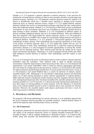 International Journal of Computer Networks & Communications (IJCNC) Vol.15, No.4, July 2023
113
Pengbin et al. [11] proposed a dynamic approach in malware detection. It has provision for
dynamically extracted features and then use them to train ensemble classifiers towards improving
detection accuracy. Suleiman et al. [12] proposed a malware detection system for Android. It is
known as DroidFusion which has a classifier fusion approach at multiple levels towards
improving focus on malware detection process. Kaijun et al. [13] studied different malware
detection methods that involve in learning-based techniques and found that they could perform
better than traditional methods. Shahzeb et al. [14] focused on SDN based systems in distributed
environment. In such environment, their focus was on building an ensemble classifier based on
deep learning to detect anomalies. Dehkordy et al. [15] investigated on different aspects of
datasets including imbalanced datasets that are to be treated differently. With such imbalanced
data, they proposed a ML based method for malware detection. Sercan et al. [16] proposed a
detection tool known as AndMFC that is meant for automatically finding malware and classify it
in Android platform. Surendran et al. [17] proposed a TAN-assisted approach with hybrid
methodology to detect malware. Their methodology has revealed the significance of TAN usage
in the process of malware detection. Rana et al. [18] studied ML models with the view of
malware detection in mind. Their methodology showed that it could have improved detecting
performance. Daoudi et al. [19] investigated on possible reproducibility of existing ML models
that are used for detecting malware. Their research could find that the models can be reused
proper environment and datasets. Zhenxiang et al. [20] investigated network traffics that reflect
high imbalances towards detection of malware. Their methodology used ML models in such
datasets.
Xin et al. [21] focused on the notion of information fusion in order to improve malware detection
probability using ML techniques. Their empirical study is made on parallel processing
environment a found the improvement in faster processing of data. Xiao et al. [22] proposed and
implemented a tool named AndroidHIV which is meant for malware repackaging experiments
that were meant for evading malware detection process. Zainab et al. [23] focused on ML models
for malware detection and performed quantification of evasion attacks from adversaries. Fauzia et
al. [24] proposed a tool named PIndroid that is a system for detection of malware exploits
ensemble models in ML. Mohammed et al. [25] defined a methodology named as DL-Droid that
makes use of deep learning techniques to detect malware automatically in Android platform.
Other important research contributions include Anastasia tool [26], pragmatic detection function
[27], learning-based framework [28], Tree-based ensemble [29], ensemble optimization [30] and
stacking ensemble [31]. In [33] and [34], it is observed that deep learning based approaches do
have their impact on solving problems in various domains. From the literature it is found that
many of the existing methods focused on static or dynamic data to train classifiers for malware
detection. Moreover, the ensemble models could improve performance but there is room for
improving accuracy in detection of malware.
3. MATERIALS AND METHODS
We proposed a ML-based methodology for malware detection. It is an intelligent approach that
has novel constituent selection procedure for ensemble classifiers. Android malware dataset is
used for the empirical study with three kinds of focus on the data.
3.1. The Framework
We proposed a framework for automatic detection of malware with ensemble learning approach.
The outline of the proposed framework, known as Stacked Ensemble Framework (SEF), is
provided in Figure 1 and its complete architecture is illustrated in Figure 2. It is based on ML
models along with ensemble and threshold-based constituent selection method to improve
 