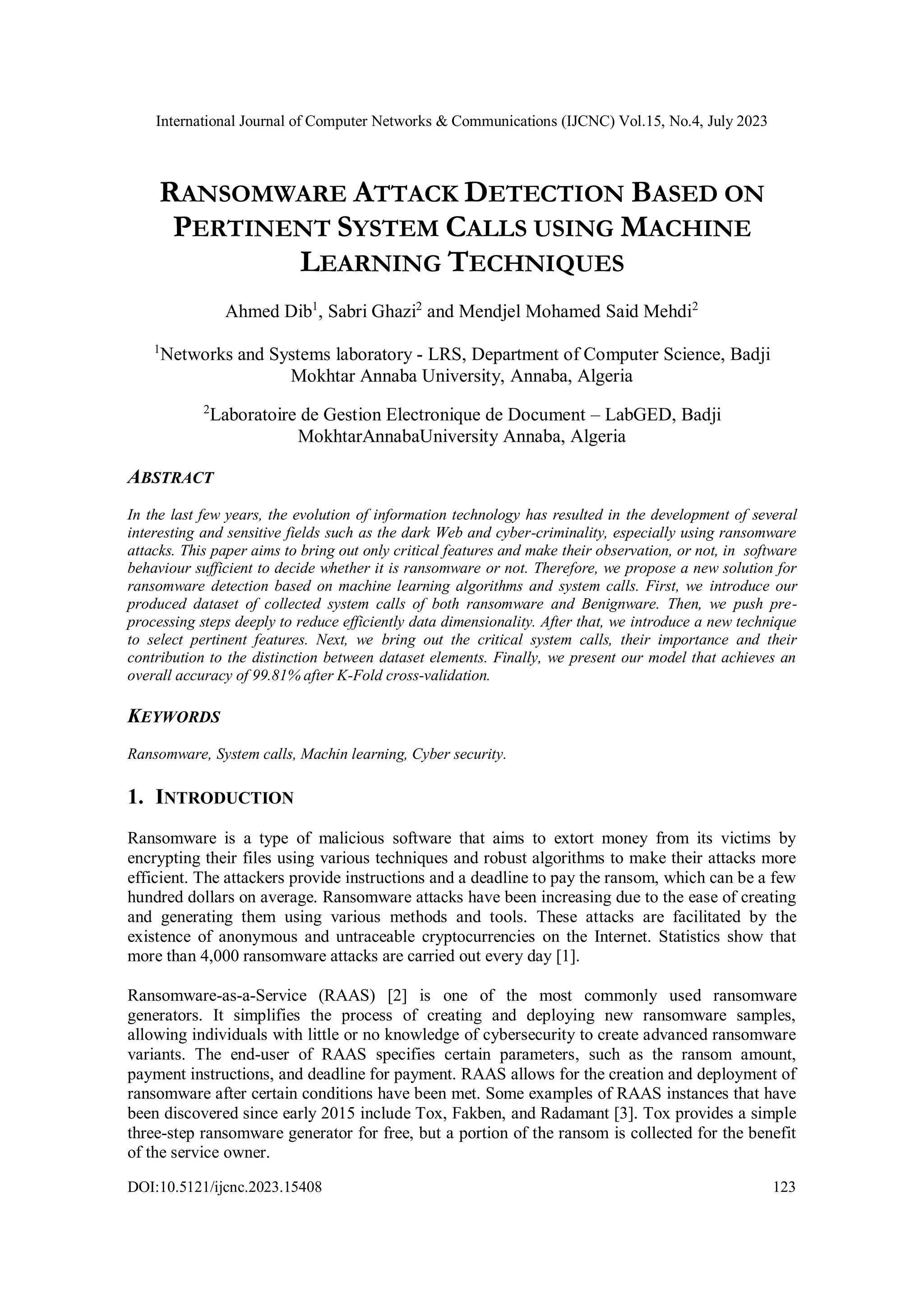Ransomware Attack Detection Based on Pertinent System Calls Using ...