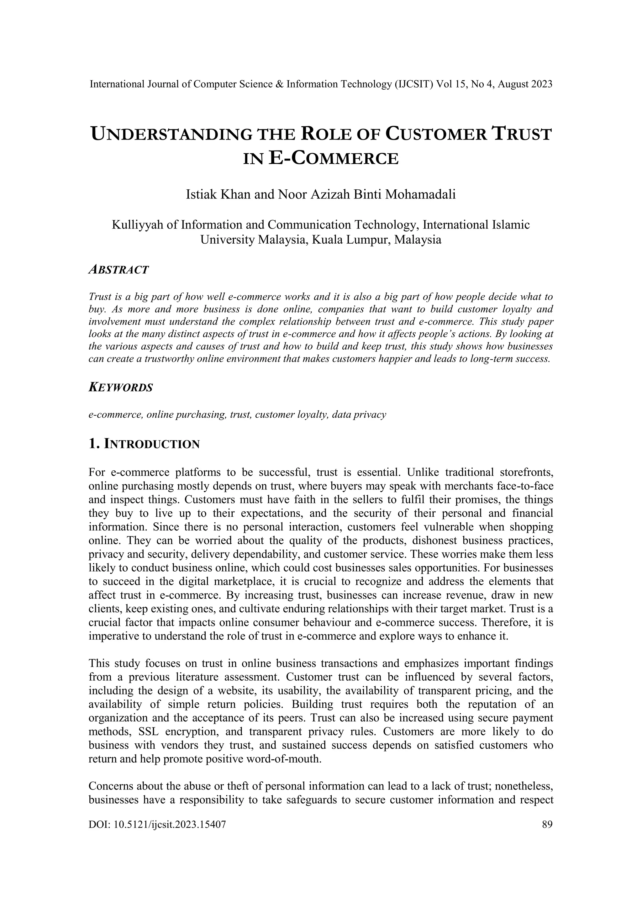 Understanding the Role of Customer Trust in E-Commerce | PDF