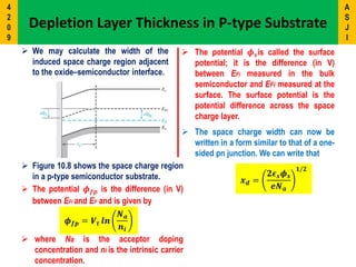  Figure 10.8 shows the space charge region
in a p-type semiconductor substrate.
𝝓 𝒇𝒑 = 𝑽 𝒕 𝒍𝒏
𝑵 𝒂
𝒏𝒊
 The potential 𝝓 𝒔is called the surface
potential; it is the difference (in V)
between EFi measured in the bulk
semiconductor and EFi measured at the
surface. The surface potential is the
potential difference across the space
charge layer.
𝒙 𝒅 =
𝟐𝝐 𝒔 𝝓 𝒔
𝒆𝑵 𝒂
𝟏/𝟐
Depletion Layer Thickness in P-type Substrate
 where Na is the acceptor doping
concentration and ni is the intrinsic carrier
concentration.
 We may calculate the width of the
induced space charge region adjacent
to the oxide–semiconductor interface.
 The space charge width can now be
written in a form similar to that of a one-
sided pn junction. We can write that
 The potential 𝝓 𝒇𝒑 is the difference (in V)
between EFi and EF and is given by
A
S
J
I
4
2
0
9
 
