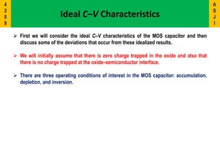  First we will consider the ideal C–V characteristics of the MOS capacitor and then
discuss some of the deviations that occur from these idealized results.
 We will initially assume that there is zero charge trapped in the oxide and also that
there is no charge trapped at the oxide–semiconductor interface.
 There are three operating conditions of interest in the MOS capacitor: accumulation,
depletion, and inversion.
Ideal C–V Characteristics
A
S
J
I
4
2
0
9
 