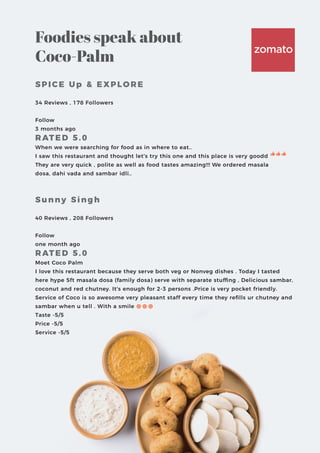 Foodies speak about
Coco-Palm
SPICE Up & EXPLORE
34 Reviews , 178 Followers
Follow
3 months ago
RATED 5.0
When we were searching for food as in where to eat..
I saw this restaurant and thought let's try this one and this place is very goodd
They are very quick , polite as well as food tastes amazing!!! We ordered masala
dosa, dahi vada and sambar idli..
Sunny Singh
40 Reviews , 208 Followers
Follow
one month ago
RATED 5.0
Moet Coco Palm
I love this restaurant because they serve both veg or Nonveg dishes . Today I tasted
here hype 5ft masala dosa (family dosa) serve with separate stuffing , Delicious sambar,
coconut and red chutney. It's enough for 2-3 persons .Price is very pocket friendly.
Service of Coco is so awesome very pleasant staff every time they reﬁlls ur chutney and
sambar when u tell . With a smile
Taste -5/5
Price -5/5
Service -5/5
 