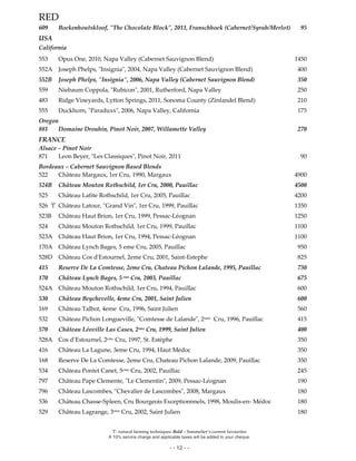 Ϋ- natural farming techniques. Bold – Sommelier’s current favourites
A 10% service charge and applicable taxes will be added to your cheque.
- - 12 - -
RED
609 Boekenhoutskloof, "The Chocolate Block", 2011, Franschhoek (Cabernet/Syrah/Merlot) 95
USA
California
553 Opus One, 2010, Napa Valley (Cabernet Sauvignon Blend) 1450
552A Joseph Phelps, "Insignia", 2004, Napa Valley (Cabernet Sauvignon Blend) 400
552B Joseph Phelps, "Insignia", 2006, Napa Valley (Cabernet Sauvignon Blend) 350
559 Niebaum Coppola, "Rubicon", 2001, Rutherford, Napa Valley 250
483 Ridge Vineyards, Lytton Springs, 2011, Sonoma County (Zinfandel Blend) 210
555 Duckhorn, "Paraduxx", 2006, Napa Valley, California 175
Oregon
881 Domaine Drouhin, Pinot Noir, 2007, Willamette Valley 270
FRANCE
Alsace – Pinot Noir
871 Leon Beyer, "Les Classiques", Pinot Noir, 2011 90
Bordeaux – Cabernet Sauvignon Based Blends
522 Château Margaux, 1er Cru, 1990, Margaux 4900
524B Château Mouton Rothschild, 1er Cru, 2000, Pauillac 4500
525 Château Lafite Rothschild, 1er Cru, 2005, Pauillac 4200
526 Ϋ Château Latour, "Grand Vin", 1er Cru, 1999, Pauillac 1350
523B Château Haut Brion, 1er Cru, 1999, Pessac-Léognan 1250
524 Château Mouton Rothschild, 1er Cru, 1999, Pauillac 1100
523A Château Haut Brion, 1er Cru, 1994, Pessac-Léognan 1100
170A Château Lynch Bages, 5 eme Cru, 2005, Pauillac 950
528D Château Cos d'Estournel, 2eme Cru, 2001, Saint-Estephe 825
415 Reserve De La Comtesse, 2eme Cru, Chateau Pichon Lalande, 1995, Pauillac 730
170 Château Lynch Bages, 5eme Cru, 2003, Pauillac 675
524A Château Mouton Rothschild, 1er Cru, 1994, Pauillac 600
530 Château Beychevelle, 4eme Cru, 2001, Saint Julien 600
169 Château Talbot, 4eme Cru, 1996, Saint Julien 560
532 Château Pichon Longueville, "Comtesse de Lalande", 2eme Cru, 1996, Pauillac 415
570 Château Léoville Las Cases, 2eme Cru, 1999, Saint Julien 400
528A Cos d’Estournel, 2eme Cru, 1997, St. Estèphe 350
416 Château La Lagune, 3eme Cru, 1994, Haut Médoc 350
168 Reserve De La Comtesse, 2eme Cru, Chateau Pichon Lalande, 2009, Pauillac 350
534 Château Pontet Canet, 5eme Cru, 2002, Pauillac 245
797 Château Pape Clemente, "Le Clementin", 2009, Pessac-Léognan 190
796 Château Lascombes, "Chevalier de Lascombes", 2008, Margaux 180
536 Château Chasse-Spleen, Cru Bourgeois Exceptionnnels, 1998, Moulis-en- Médoc 180
529 Château Lagrange, 3eme Cru, 2002, Saint Julien 180
 