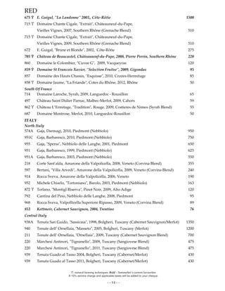 Ϋ- natural farming techniques. Bold – Sommelier’s current favourites
A 10% service charge and applicable taxes will be added to your cheque.
- - 14 - -
RED
675 Ϋ E. Guigal, "La Landonne" 2003,, Côte-Rôtie 1500
715 Ϋ Domaine Chante Cigale, "Extrait", Châteauneuf-du-Pape,
Vieilles Vignes, 2007, Southern Rhône (Grenache Blend) 510
715 Ϋ Domaine Chante Cigale, "Extrait", Châteauneuf-du-Pape,
Vieilles Vignes, 2009, Southern Rhône (Grenache Blend) 510
672 E. Guigal, "Brune et Blonde", 2002, Côte-Rôtie 275
705 Ϋ Château de Beaucastel, Châteauneuf-du-Pape, 2008, Pierre Perrin, Southern Rhône 220
860 Domaine le Colombier, "Cuvee G", 2009, Vacqueyras 120
859 Ϋ Domaine St Francois Xavier, "Selection Fruitee", 2009, Gigondas 95
857 Domaine des Hauts Chassis, "Esquisse", 2010, Crozes-Hermitage 85
858 Ϋ Domaine Jaume, "La Friande", Cotes du Rhône, 2012, Rhône 50
South Of France
714 Domaine Laroche, Syrah, 2009, Languedoc - Rousillon 65
497 Château Saint Didier Parnac, Malbec-Merlot, 2009, Cahors 59
862 Ϋ Château L’Ermitage, "Tradition", Rouge, 2009, Costieres de Nimes (Syrah Blend) 55
687 Domaine Montrose, Merlot, 2010, Languedoc-Rousillon 50
ITALY
North Italy
574A Gaja, Darmagi, 2010, Piedmont (Nebbiolo) 950
951C Gaja, Barbaresco, 2010, Piedmont (Nebbiolo) 750
955 Gaja, "Sperss", Nebbiolo delle Langhe, 2001, Piedmont 650
951 Gaja, Barbaresco, 1999, Piedmont (Nebbiolo) 625
951A Gaja, Barbaresco, 2003, Piedmont (Nebbiolo) 550
218 Corte Sant'alda, Amarone della Valpolicella, 2008, Veneto (Corvina Blend) 355
597 Bertani, "Villa Arvedi", Amarone della Valpolicella, 2009, Veneto (Corvina Blend) 240
914 Rocca Sveva, Amarone della Valpolicella, 2006, Veneto 190
952 Michele Chiarlo, "Tortoniano", Barolo, 2003, Piedmont (Nebbiolo) 163
872 Ϋ Terlano, "Montigl Riserva", Pinot Noir, 2009, Alto Adige 120
792 Cantina del Pino, Nebbiolo delle Langhe, 2008, Piedmont 95
968 Rocca Sveva, Valpollicella Superiore Ripasso, 2009, Veneto (Corvina Blend) 89
853 Kettmeir, Cabernet Sauvignon, 2004, Trentino 76
Central Italy
938A Tenuta San Guido, "Sassicaia", 1998, Bolgheri, Tuscany (Cabernet Sauvignon/Merlot) 1350
940 Tenute dell’ Ornellaia, "Masseto", 2005, Bolgheri, Tuscany (Merlot) 1200
211 Tenute dell’ Ornellaia, "Ornellaia", 2009, Tuscany (Cabernet Sauvignon Blend) 700
220 Marchesi Antinori, "Tignanello", 2009, Tuscany (Sangiovese Blend) 475
220 Marchesi Antinori, "Tignanello", 2011, Tuscany (Sangiovese Blend) 475
939 Tenuta Guado al Tasso 2004, Bolgheri, Tuscany (Cabernet/Merlot) 430
939 Tenuta Guado al Tasso 2011, Bolgheri, Tuscany (Cabernet/Merlot) 430
 