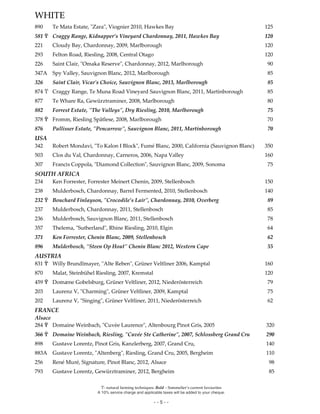 Ϋ- natural farming techniques. Bold – Sommelier’s current favourites
A 10% service charge and applicable taxes will be added to your cheque.
- - 5 - -
WHITE
890 Te Mata Estate, "Zara", Viognier 2010, Hawkes Bay 125
581 Ϋ Craggy Range, Kidnapper’s Vineyard Chardonnay, 2011, Hawkes Bay 120
221 Cloudy Bay, Chardonnay, 2009, Marlborough 120
293 Felton Road, Riesling, 2008, Central Otago 120
226 Saint Clair, "Omaka Reserve", Chardonnay, 2012, Marlborough 90
347A Spy Valley, Sauvignon Blanc, 2012, Marlborough 85
326 Saint Clair, Vicar's Choice, Sauvignon Blanc, 2013, Marlborough 85
874 Ϋ Craggy Range, Te Muna Road Vineyard Sauvignon Blanc, 2011, Martinborough 85
877 Te Whare Ra, Gewürztraminer, 2008, Marlborough 80
882 Forrest Estate, "The Valleys", Dry Riesling, 2010, Marlborough 75
378 Ϋ Fromm, Riesling Spätlese, 2008, Marlborough 70
876 Pallisser Estate, "Pencarrow", Sauvignon Blanc, 2011, Martinborough 70
USA
342 Robert Mondavi, "To Kalon I Block", Fumé Blanc, 2000, California (Sauvignon Blanc) 350
503 Clos du Val, Chardonnay, Carneros, 2006, Napa Valley 160
307 Francis Coppola, "Diamond Collection", Sauvignon Blanc, 2009, Sonoma 75
SOUTH AFRICA
234 Ken Forrester, Forrester Meinert Chenin, 2009, Stellenbosch 150
238 Mulderbosch, Chardonnay, Barrel Fermented, 2010, Stellenbosch 140
232 Ϋ Bouchard Finlayson, "Crocodile’s Lair", Chardonnay, 2010, Overberg 89
237 Mulderbosch, Chardonnay, 2011, Stellenbosch 85
236 Mulderbosch, Sauvignon Blanc, 2011, Stellenbosch 78
357 Thelema, "Sutherland", Rhine Riesling, 2010, Elgin 64
371 Ken Forrester, Chenin Blanc, 2009, Stellenbosch 62
896 Mulderbosch, "Steen Op Hout" Chenin Blanc 2012, Western Cape 55
AUSTRIA
831 Ϋ Willy Brundlmayer, "Alte Reben", Grüner Veltliner 2006, Kamptal 160
870 Malat, Steinbühel Riesling, 2007, Kremstal 120
459 Ϋ Domæne Gobelsburg, Grüner Veltliner, 2012, Niederösterreich 79
203 Laurenz V, "Charming", Grüner Veltliner, 2009, Kamptal 75
202 Laurenz V, "Singing", Grüner Veltliner, 2011, Niederösterreich 62
FRANCE
Alsace
284 Ϋ Domaine Weinbach, "Cuvèe Laurence", Altenbourg Pinot Gris, 2005 320
366 Ϋ Domaine Weinbach, Riesling, "Cuvée Ste Catherine", 2007, Schlossberg Grand Cru 290
898 Gustave Lorentz, Pinot Gris, Kanzlerberg, 2007, Grand Cru, 140
883A Gustave Lorentz, "Altenberg", Riesling, Grand Cru, 2005, Bergheim 110
256 René Muré, Signature, Pinot Blanc, 2012, Alsace 98
793 Gustave Lorentz, Gewürztraminer, 2012, Bergheim 85
 