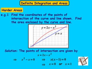 Definite Integration and Areas
2
2 xxy −=
xy =
Harder Areas
e.g.1 Find the coordinates of the points of
intersection of the curve and line shown. Find
the area enclosed by the curve and line.
2
2 xxx −=
Solution: The points of intersection are given by
02
=−⇒ xx 0)1( =−⇒ xx
10 == xx or⇒
 