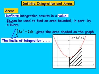 Definite Integration and Areas
0 1
23 2
+= xy
It can be used to find an area bounded, in part, by
a curve
e.g.
∫ +
1
0
2
23 dxx gives the area shaded on the graph
The limits of integration . . .
Definite integration results in a value.
Areas
 