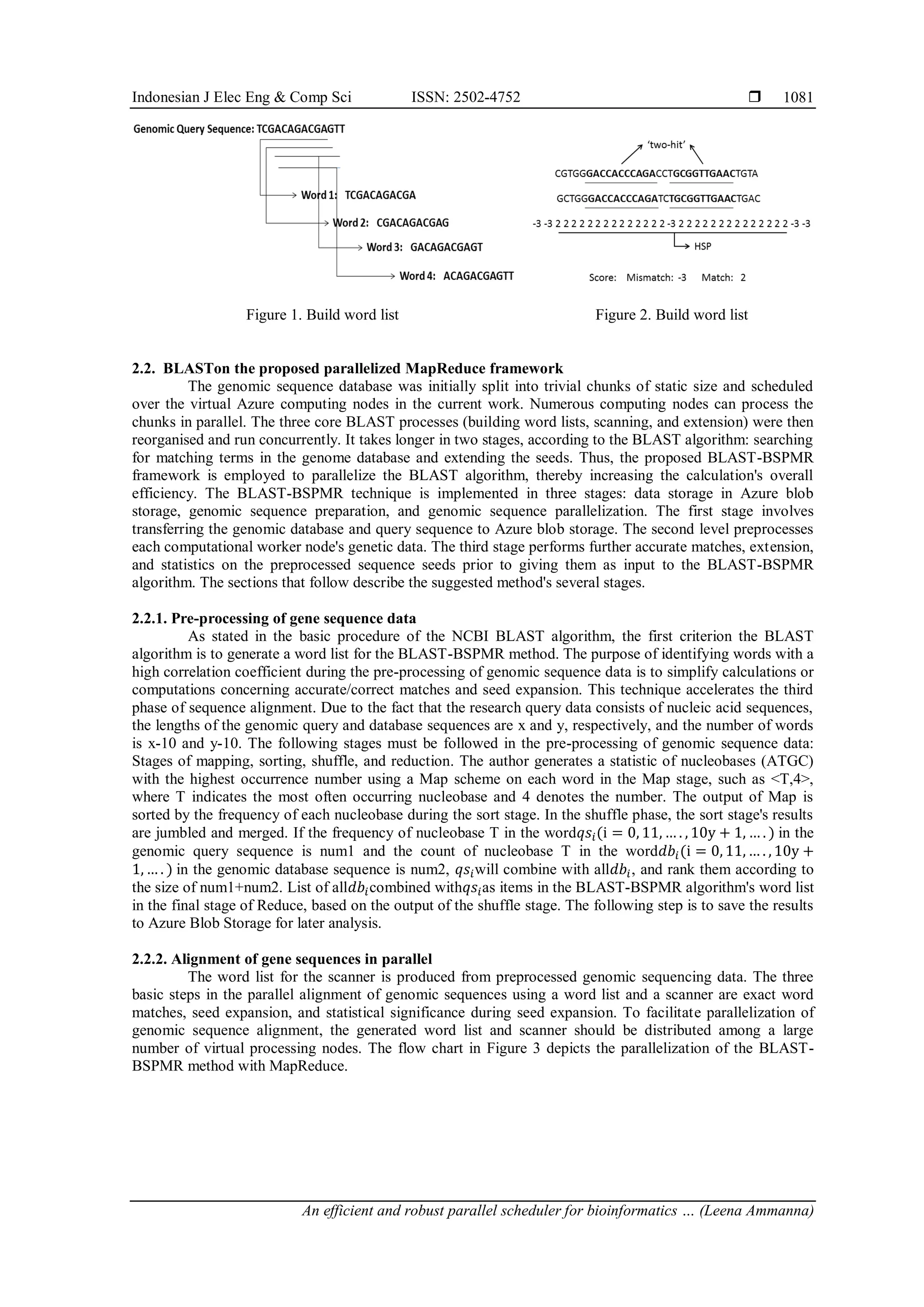Indonesian J Elec Eng & Comp Sci ISSN: 2502-4752  An efficient and robust parallel scheduler for bioinformatics … (Leena Ammanna) 1081 Figure 1. Build word list Figure 2. Build word list 2.2. BLASTon the proposed parallelized MapReduce framework The genomic sequence database was initially split into trivial chunks of static size and scheduled over the virtual Azure computing nodes in the current work. Numerous computing nodes can process the chunks in parallel. The three core BLAST processes (building word lists, scanning, and extension) were then reorganised and run concurrently. It takes longer in two stages, according to the BLAST algorithm: searching for matching terms in the genome database and extending the seeds. Thus, the proposed BLAST-BSPMR framework is employed to parallelize the BLAST algorithm, thereby increasing the calculation's overall efficiency. The BLAST-BSPMR technique is implemented in three stages: data storage in Azure blob storage, genomic sequence preparation, and genomic sequence parallelization. The first stage involves transferring the genomic database and query sequence to Azure blob storage. The second level preprocesses each computational worker node's genetic data. The third stage performs further accurate matches, extension, and statistics on the preprocessed sequence seeds prior to giving them as input to the BLAST-BSPMR algorithm. The sections that follow describe the suggested method's several stages. 2.2.1. Pre-processing of gene sequence data As stated in the basic procedure of the NCBI BLAST algorithm, the first criterion the BLAST algorithm is to generate a word list for the BLAST-BSPMR method. The purpose of identifying words with a high correlation coefficient during the pre-processing of genomic sequence data is to simplify calculations or computations concerning accurate/correct matches and seed expansion. This technique accelerates the third phase of sequence alignment. Due to the fact that the research query data consists of nucleic acid sequences, the lengths of the genomic query and database sequences are x and y, respectively, and the number of words is x-10 and y-10. The following stages must be followed in the pre-processing of genomic sequence data: Stages of mapping, sorting, shuffle, and reduction. The author generates a statistic of nucleobases (ATGC) with the highest occurrence number using a Map scheme on each word in the Map stage, such as <T,4>, where T indicates the most often occurring nucleobase and 4 denotes the number. The output of Map is sorted by the frequency of each nucleobase during the sort stage. In the shuffle phase, the sort stage's results are jumbled and merged. If the frequency of nucleobase T in the word𝑞𝑠𝑖(i = 0, 11, … . , 10y + 1, … . ) in the genomic query sequence is num1 and the count of nucleobase T in the word𝑑𝑏𝑖(i = 0, 11, … . , 10y + 1, … . ) in the genomic database sequence is num2, 𝑞𝑠𝑖will combine with all𝑑𝑏𝑖, and rank them according to the size of num1+num2. List of all𝑑𝑏𝑖combined with𝑞𝑠𝑖as items in the BLAST-BSPMR algorithm's word list in the final stage of Reduce, based on the output of the shuffle stage. The following step is to save the results to Azure Blob Storage for later analysis. 2.2.2. Alignment of gene sequences in parallel The word list for the scanner is produced from preprocessed genomic sequencing data. The three basic steps in the parallel alignment of genomic sequences using a word list and a scanner are exact word matches, seed expansion, and statistical significance during seed expansion. To facilitate parallelization of genomic sequence alignment, the generated word list and scanner should be distributed among a large number of virtual processing nodes. The flow chart in Figure 3 depicts the parallelization of the BLAST- BSPMR method with MapReduce. 