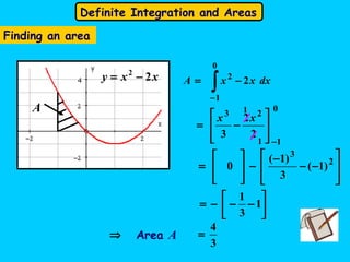 Definite Integration and Areas
xxy 22
−=
A
Finding an area
∫−
−=
0
1
2
2 dxxxA








−=
−
2
2
3
23
0
1
xx








−−
−
−








= 2
3
)1(
3
)1(
0






−−−= 1
3
1
1
1
3
4
=Area A⇒
 