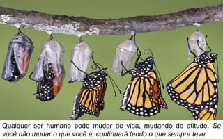 Qualquer ser humano pode mudar de vida, mudando de atitude. Se 
você não mudar o que você é, continuará tendo o que sempre teve. 
 